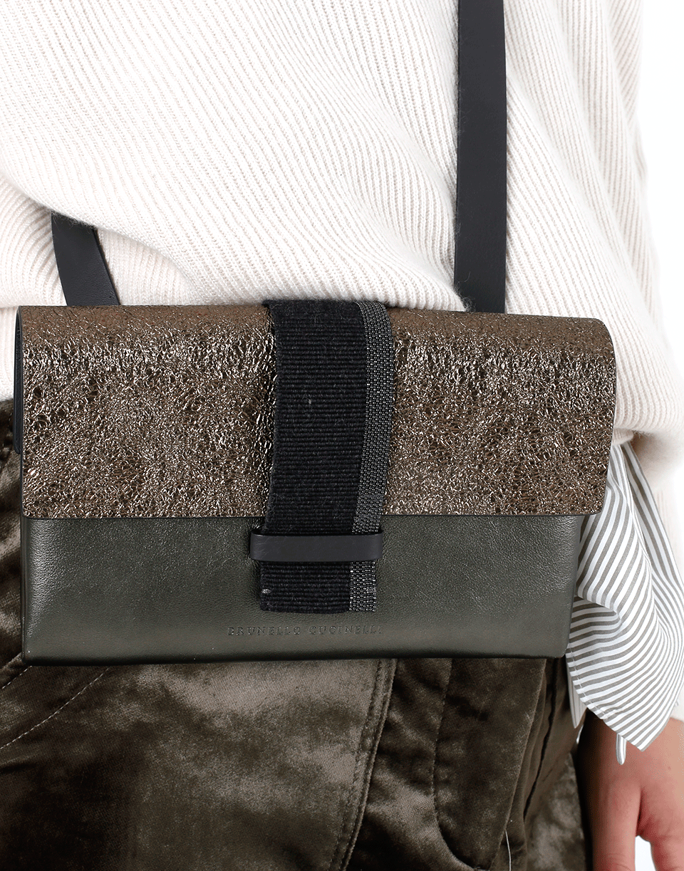 BRUNELLO CUCINELLI-Mini Metallic Flap Crossbody Handbag-BRONZE
