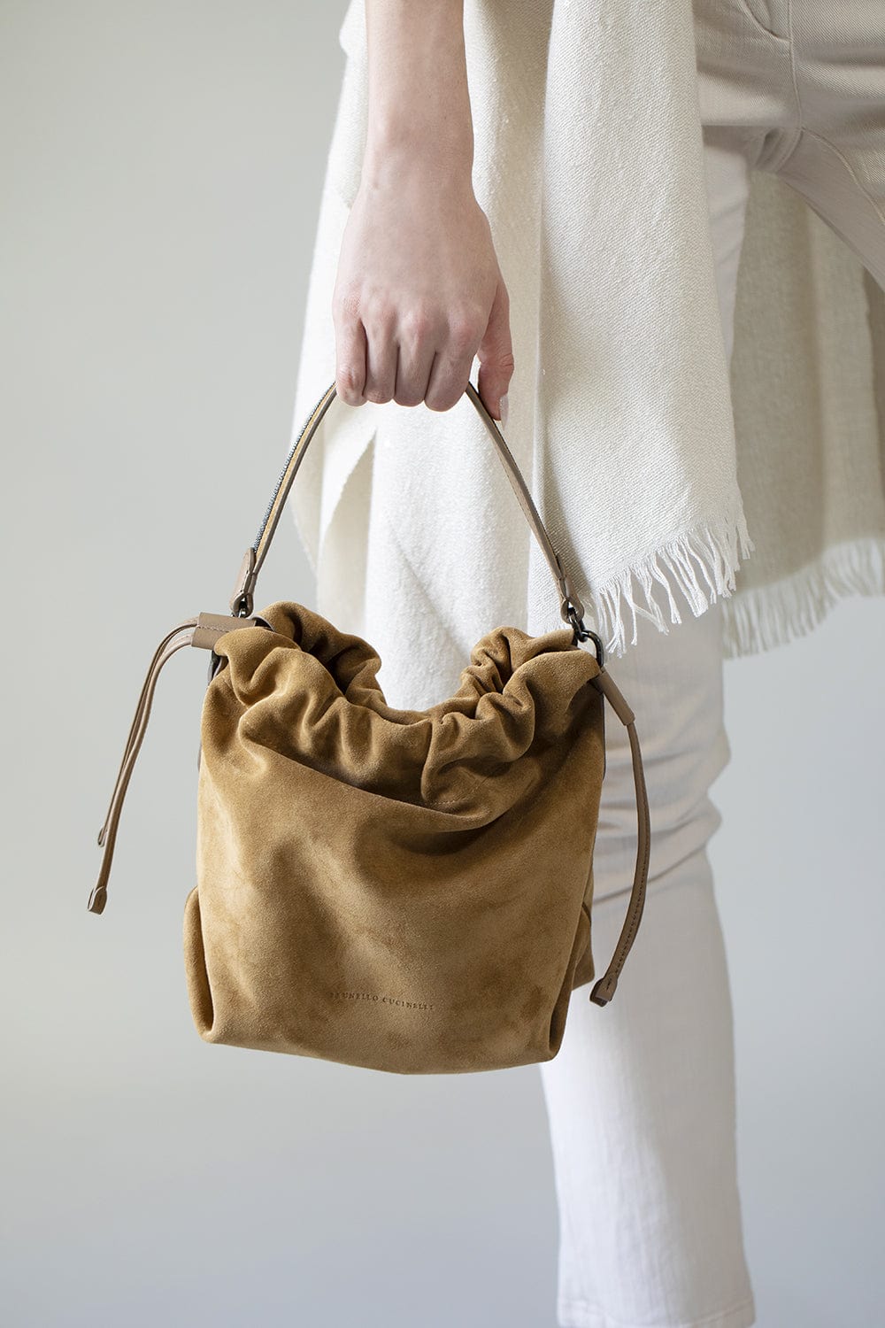 BRUNELLO CUCINELLI-Draw String Suede Bucket Bag-CAMEL