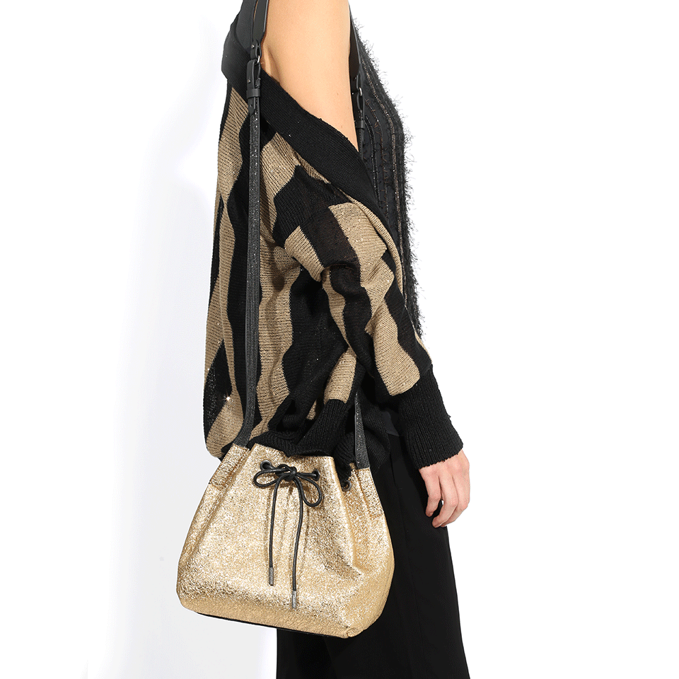BRUNELLO CUCINELLI-Metallic Crackled Crossbody Bucket-GOLD