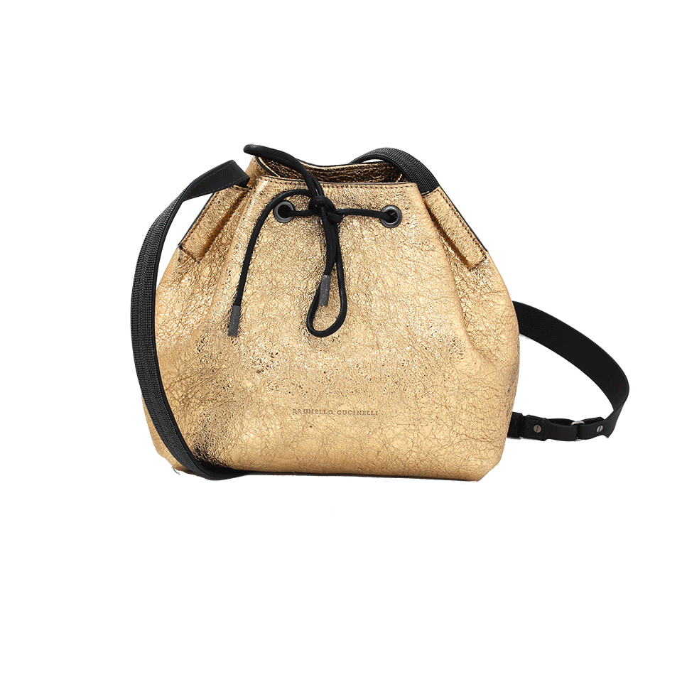 BRUNELLO CUCINELLI-Metallic Crackled Crossbody Bucket-GOLD