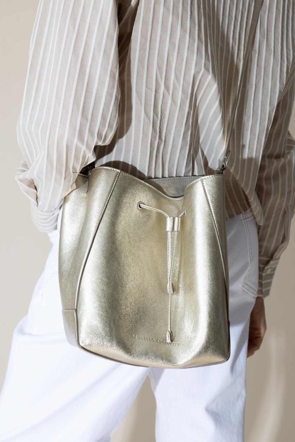 BRUNELLO CUCINELLI-Metallic Bucket Bag-PLATINO