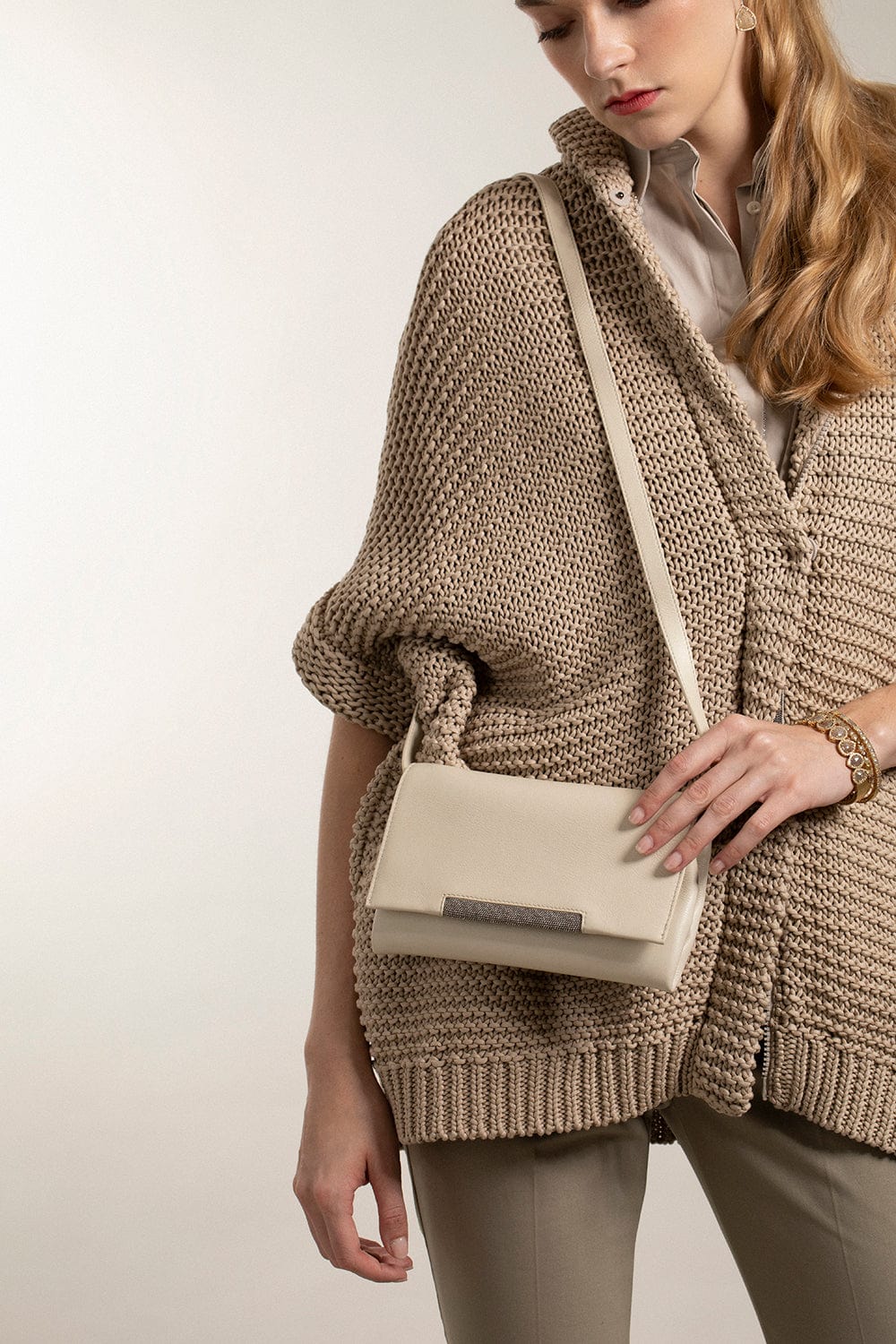 BRUNELLO CUCINELLI-City Bag With Monili Trim-RICE