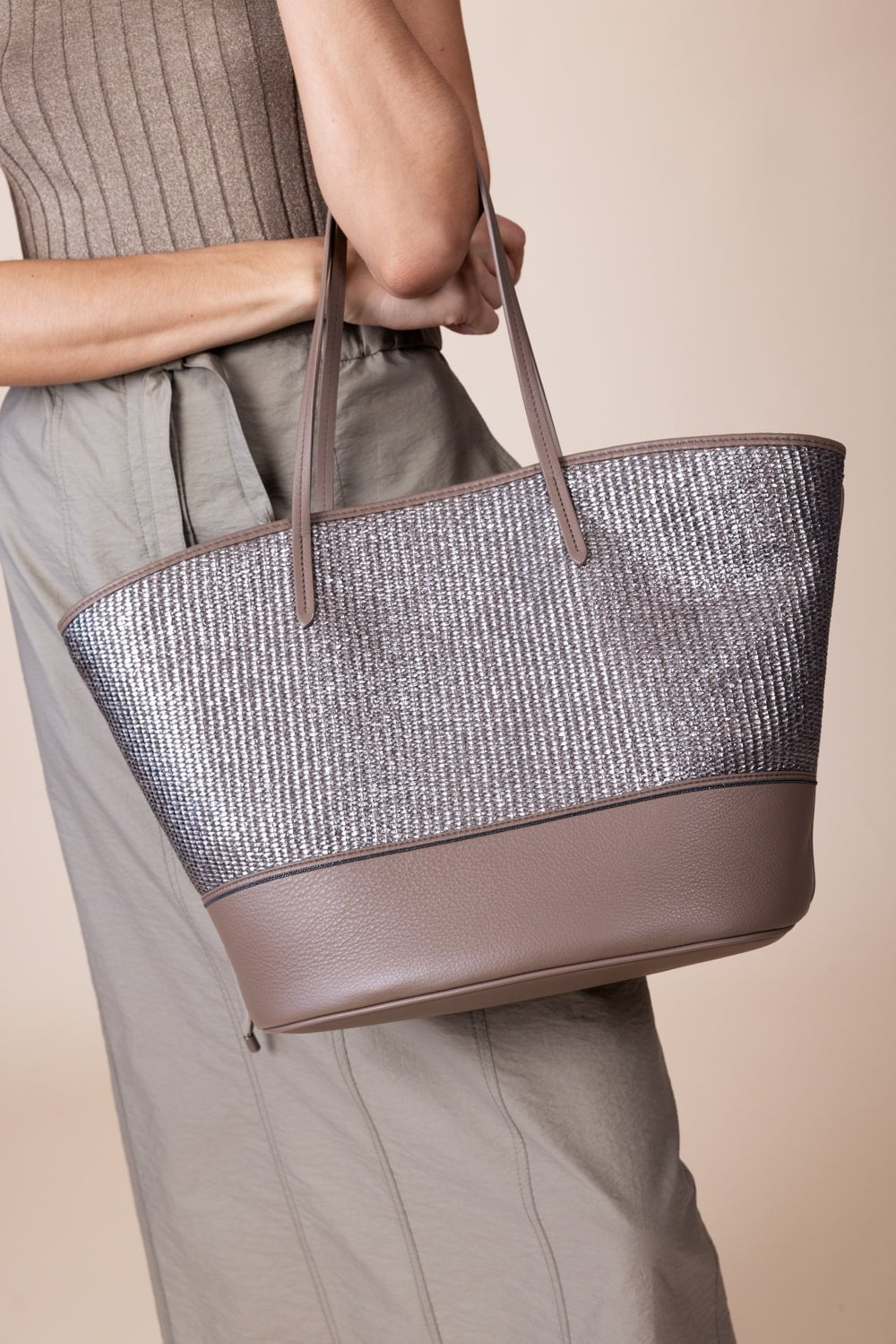 BRUNELLO CUCINELLI-Metallic Raffia Tote Bag-PLATNMBR