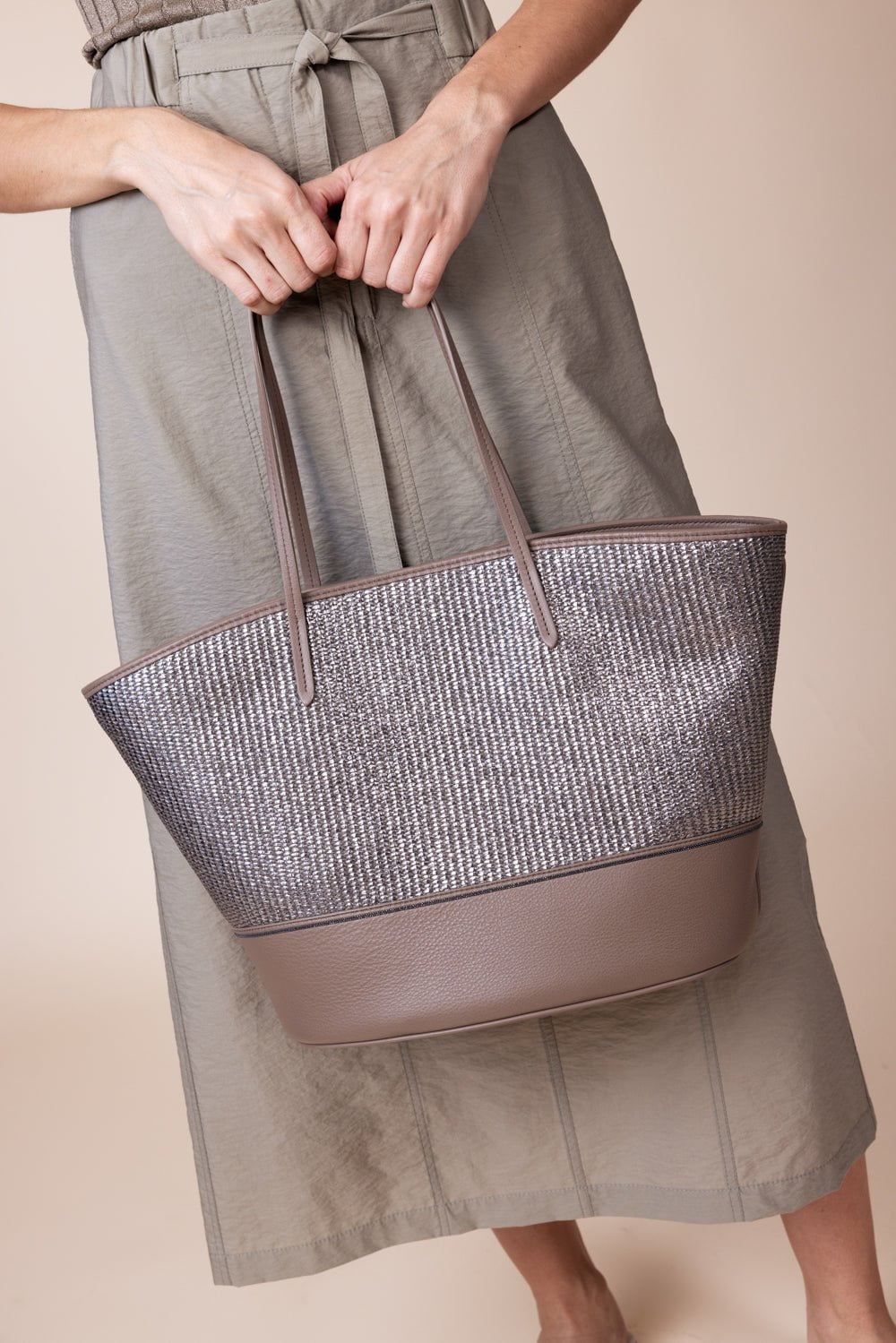 BRUNELLO CUCINELLI-Metallic Raffia Tote Bag-PLATNMBR