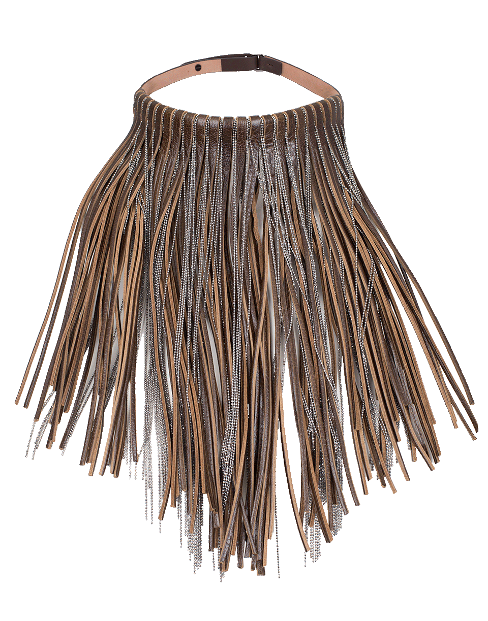 BRUNELLO CUCINELLI-Leather And Monili Fringe Necklace-MUD/SLVR