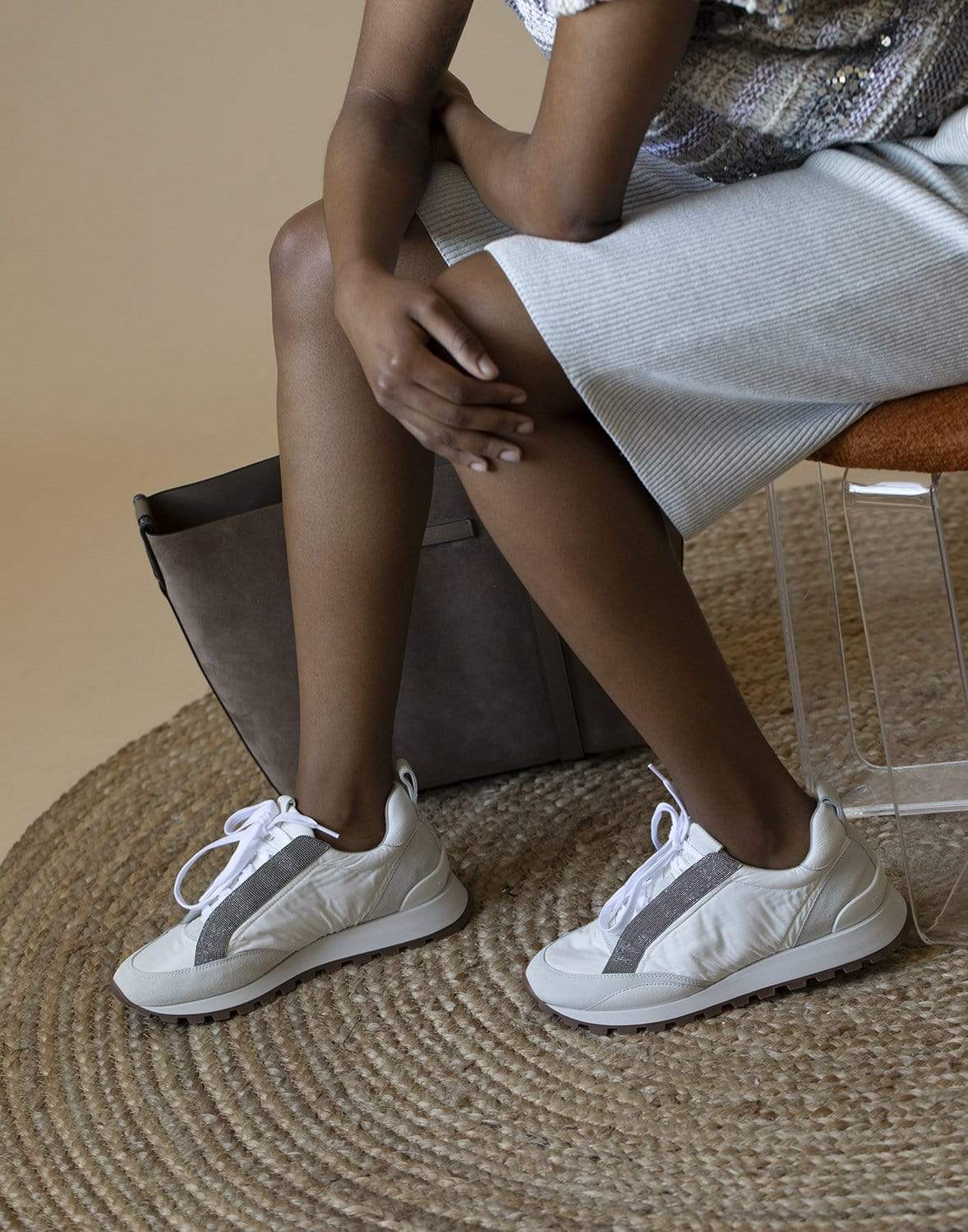 BRUNELLO CUCINELLI-White Satin Monili Band Sneakers-