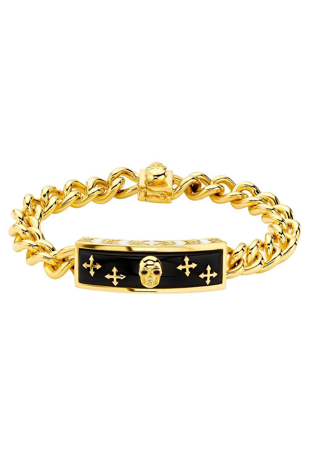 Onyx Skull Biker Bracelet-YELLOW GOLD-8.5-JEWELRYFINE JEWELBRACELET O-BUDDHA MAMA