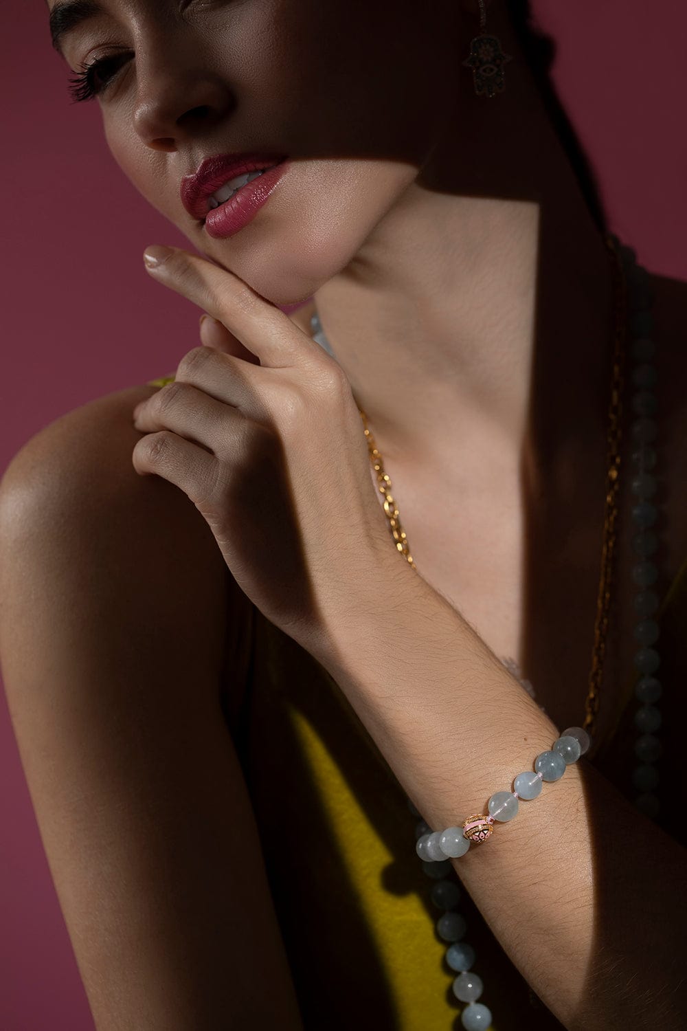 BUDDHA MAMA-Aquamarine and Mandala Bead Bracelet-YELLOW GOLD