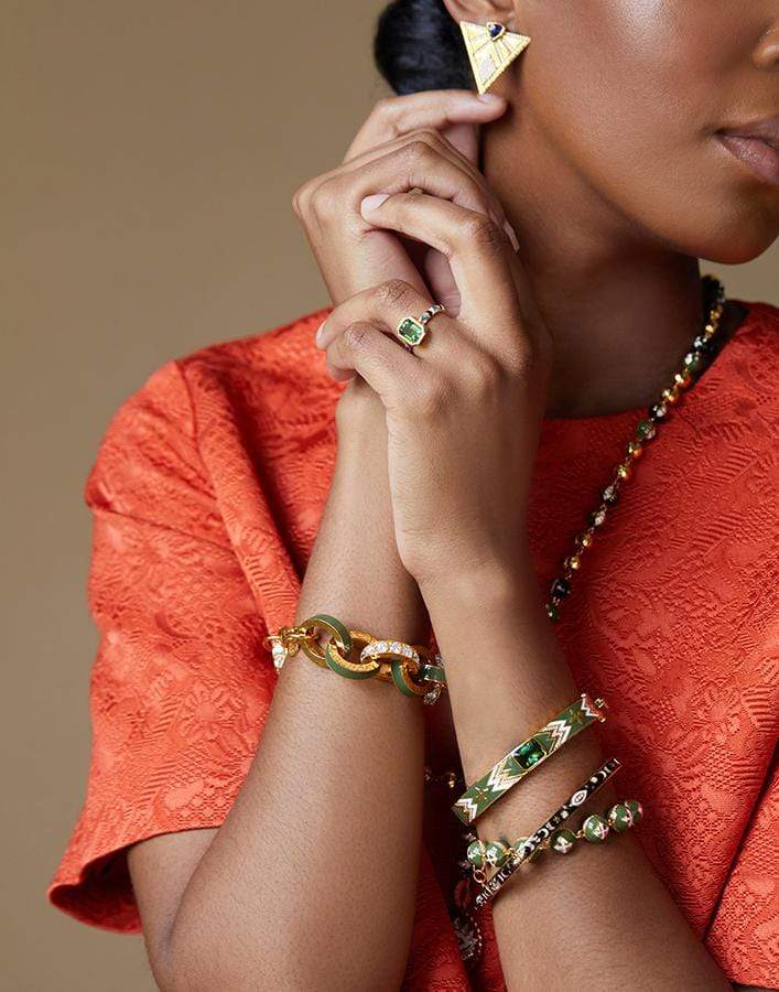 BUDDHA MAMA-Army Green Enamel Bead Bracelet-YELLOW GOLD