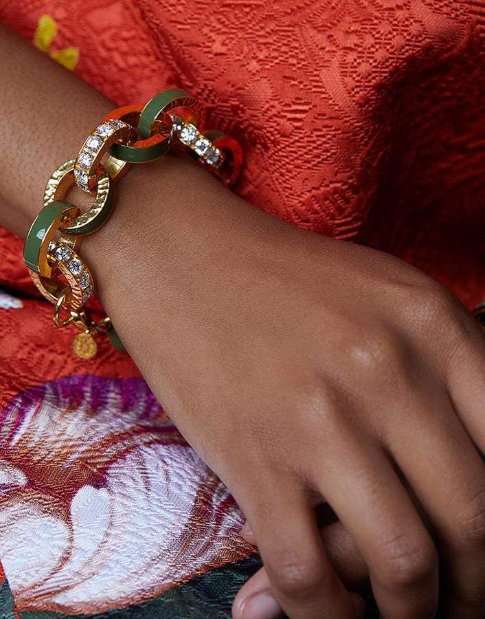 BUDDHA MAMA-Big Link Army Green and Diamond Bracelet-YELLOW GOLD