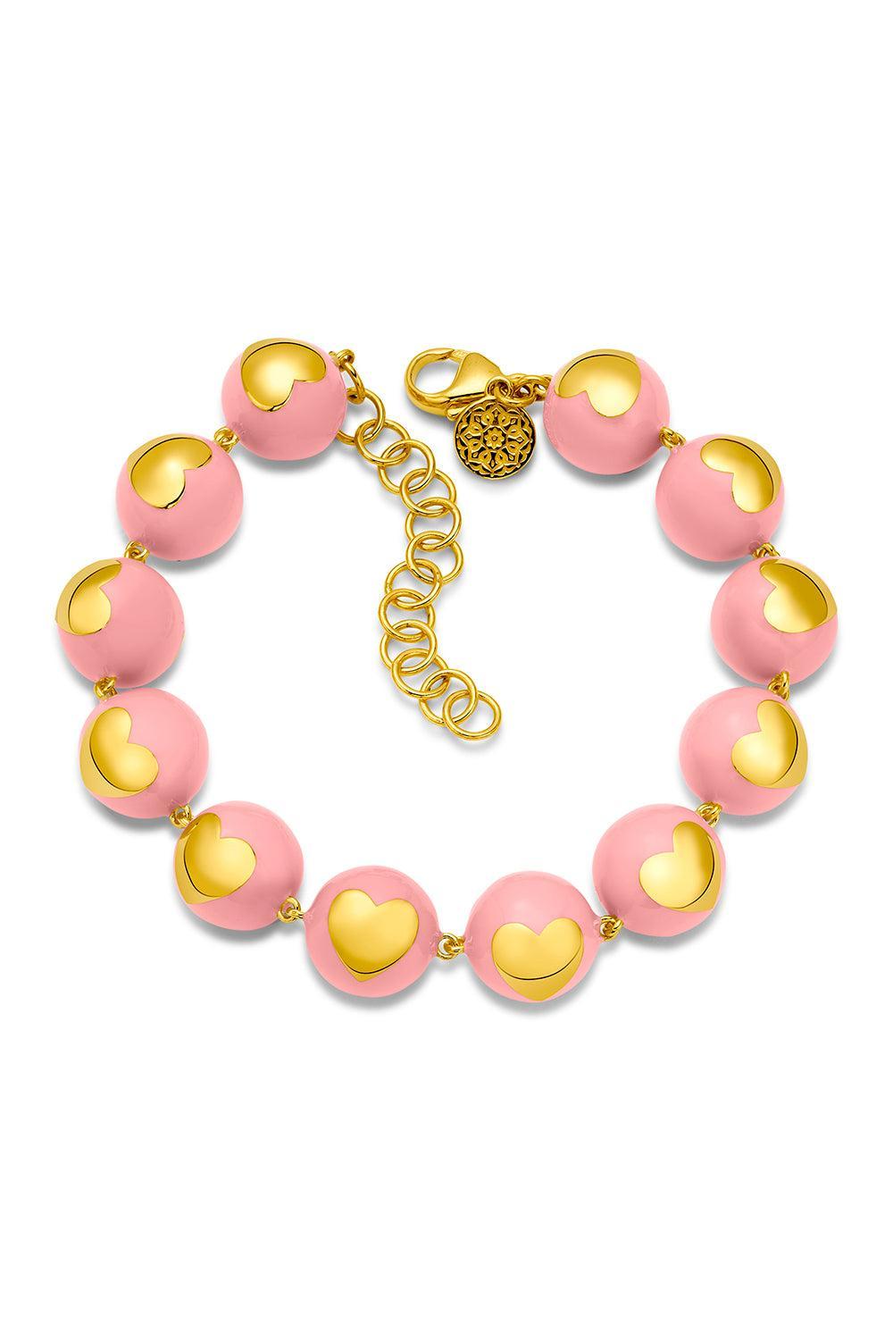 Bubblegum Bracelet With Gold Hearts-YELLOW GOLD-JEWELRYFINE JEWELBRACELET O-BUDDHA MAMA