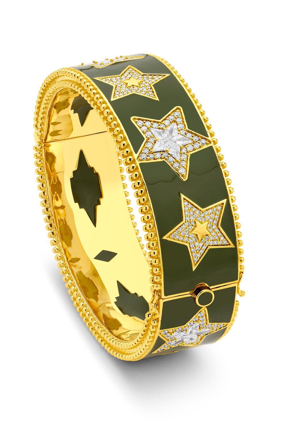 Diamond Army Green Star Bangle Bracelet-YELLOW GOLD-JEWELRYFINE JEWELBRACELET O-BUDDHA MAMA