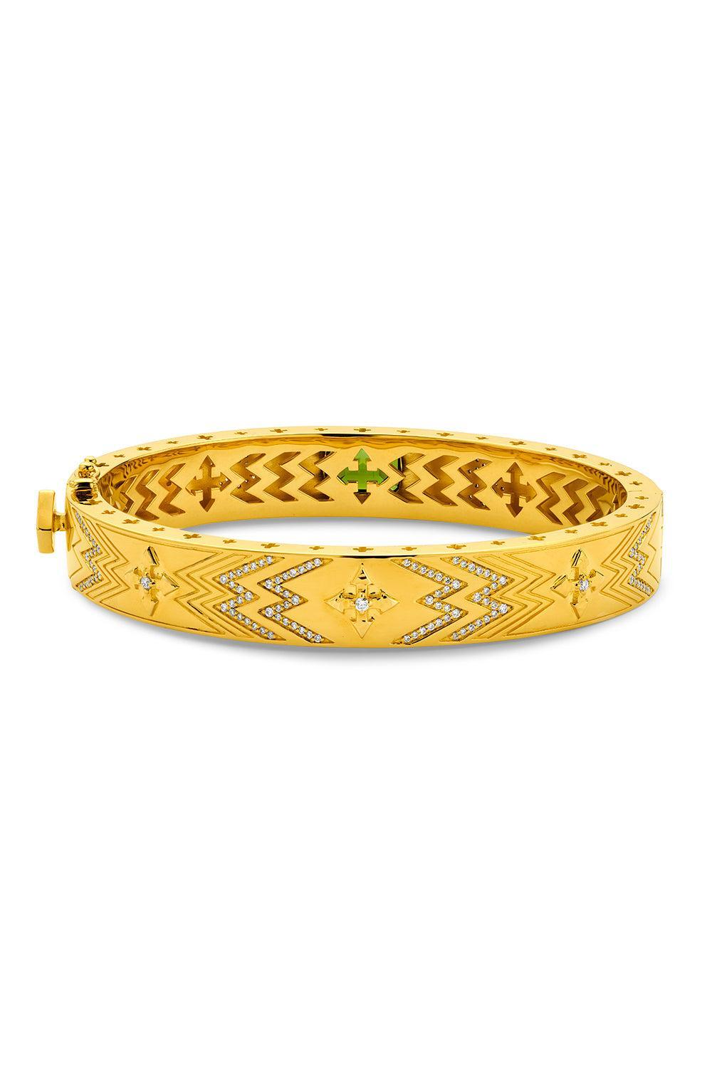 Green Tourmaline Cross Gallery Bangle Bracelet-YELLOW GOLD-JEWELRYFINE JEWELBRACELET O-BUDDHA MAMA