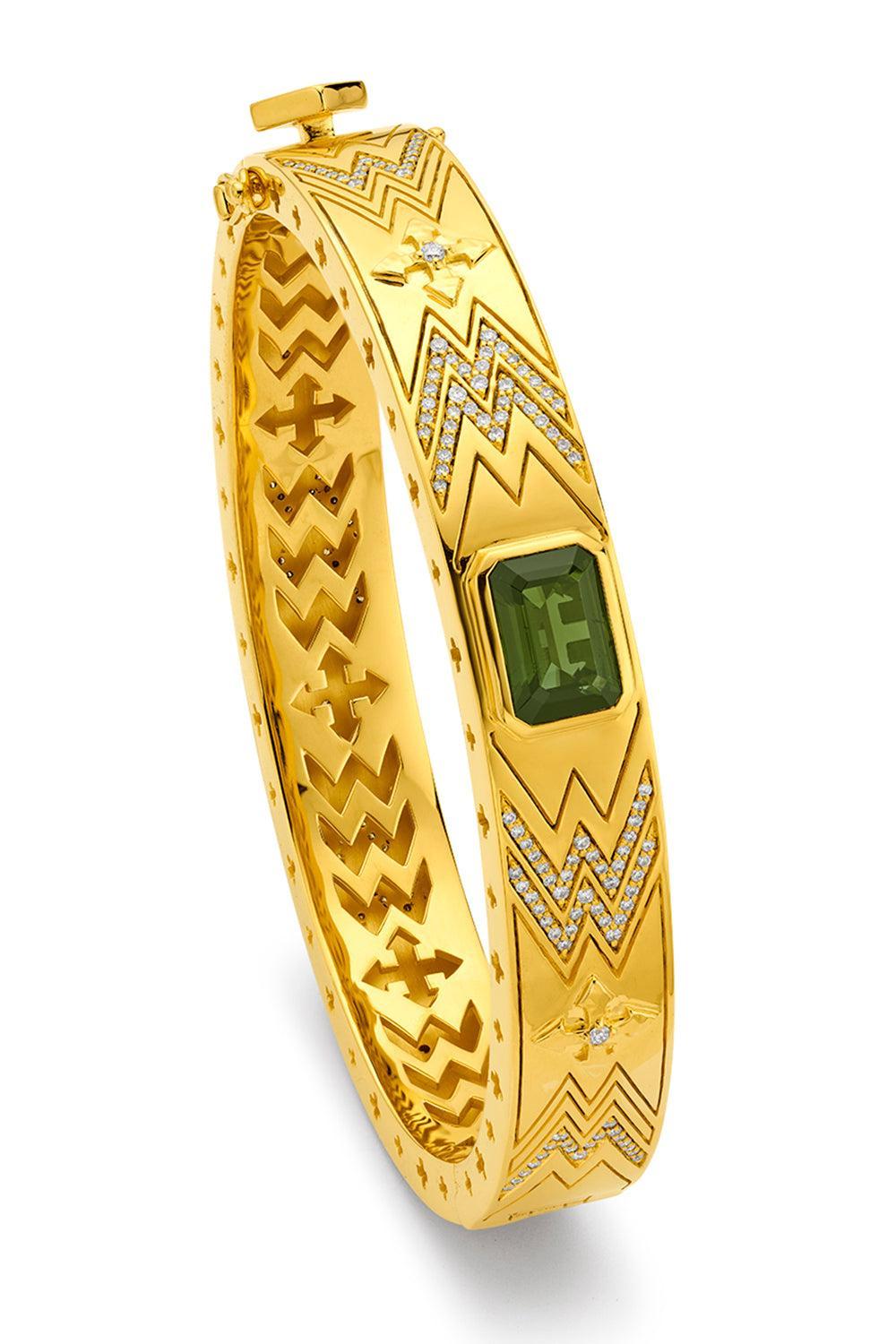 Green Tourmaline Cross Gallery Bangle Bracelet-YELLOW GOLD-JEWELRYFINE JEWELBRACELET O-BUDDHA MAMA