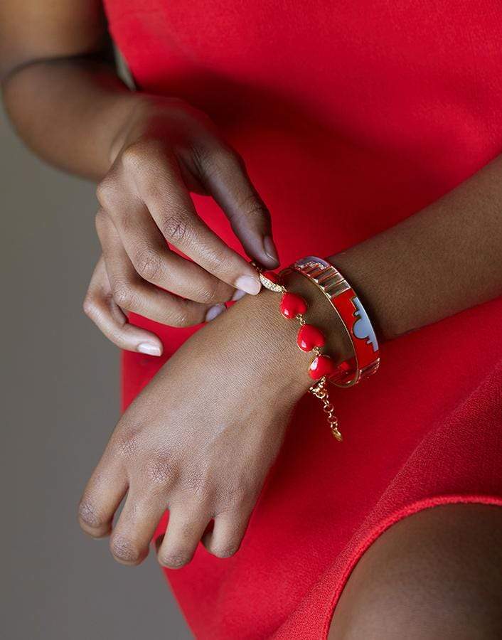 BUDDHA MAMA-Red Enamel Heart Bracelet-YELLOW GOLD
