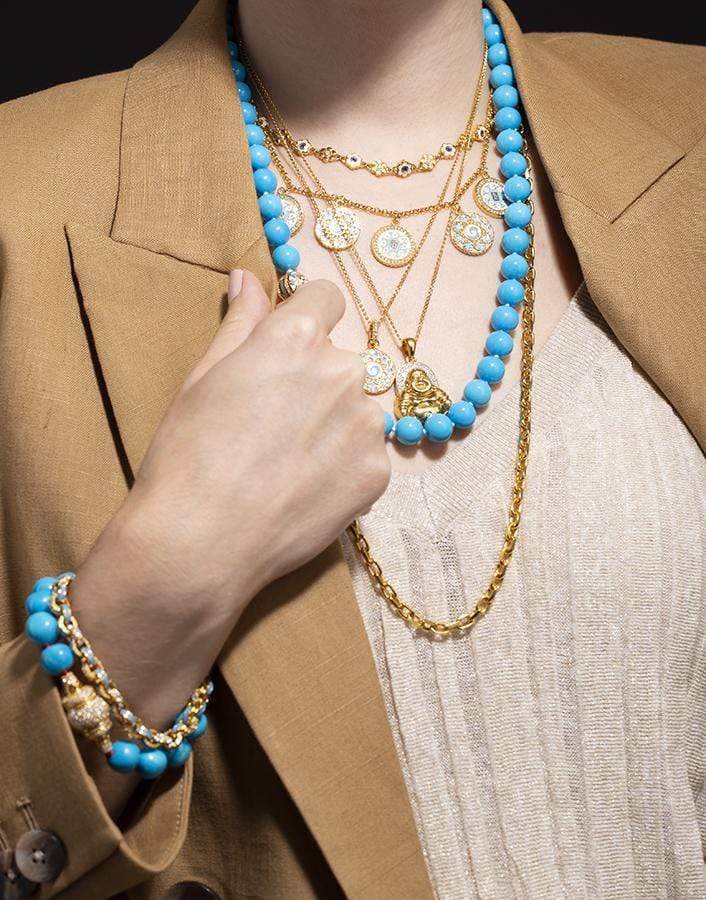 BUDDHA MAMA-Sleeping Beauty Turquoise and Diamond Bead Bracelet-YELLOW GOLD