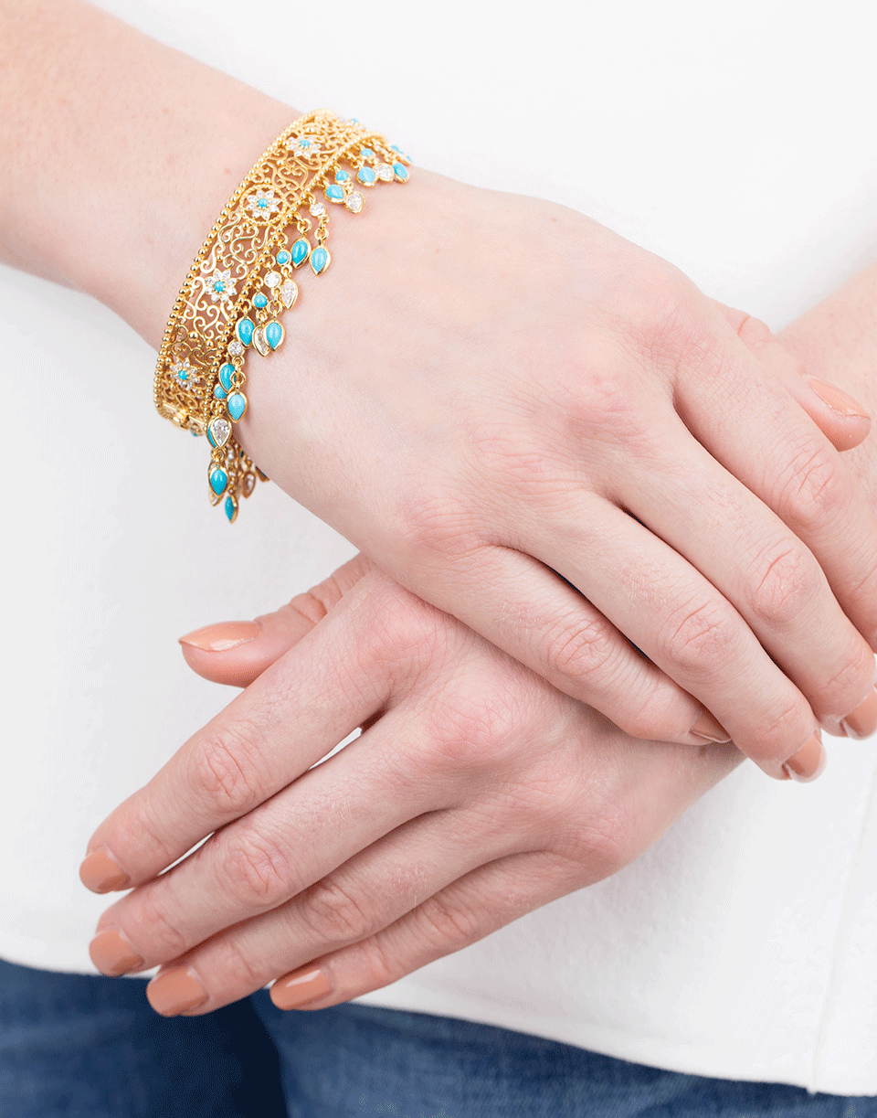 BUDDHA MAMA-Sleeping Beauty Turquoise And Diamond Filgree Bangle-YELLOW GOLD