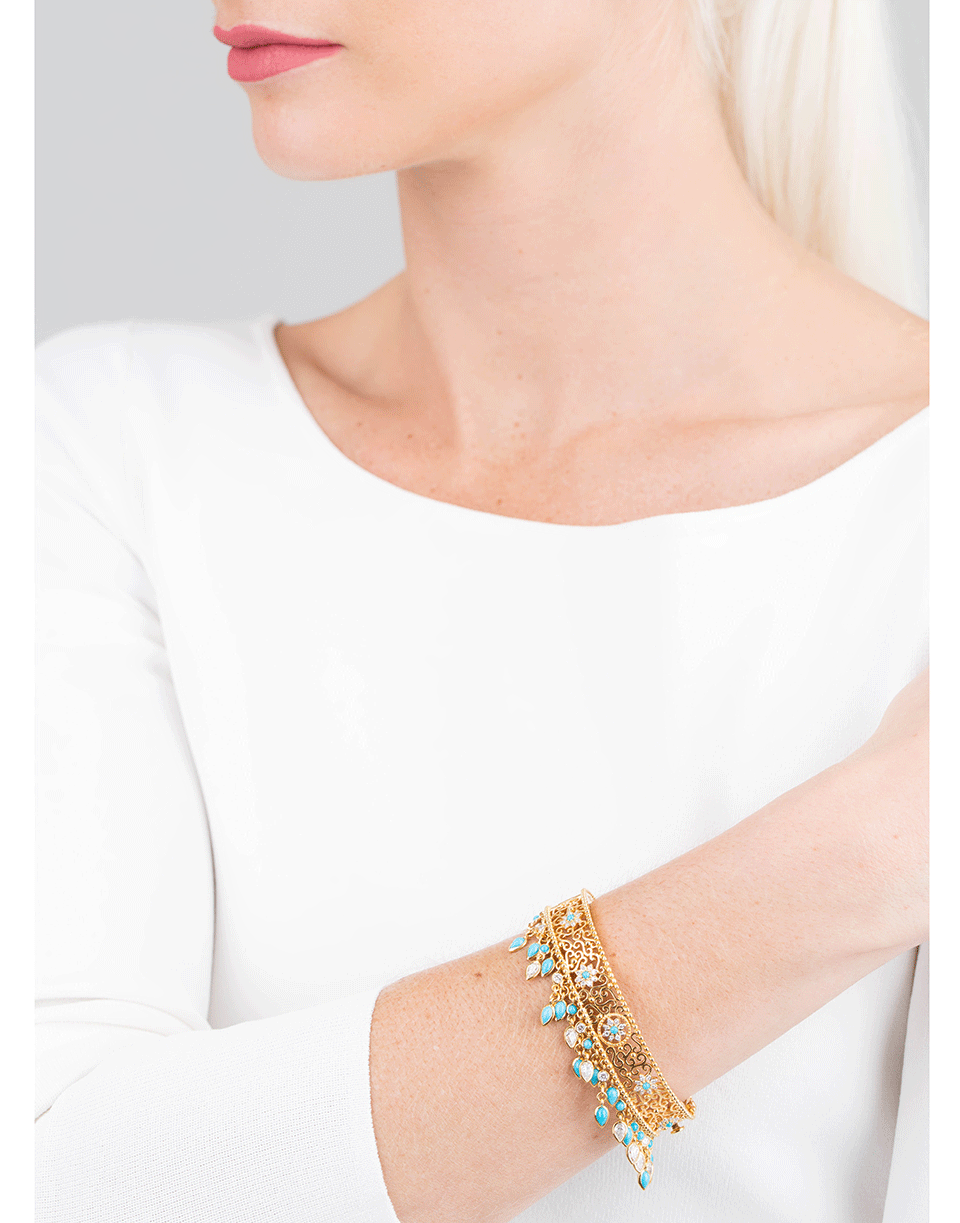 BUDDHA MAMA-Sleeping Beauty Turquoise And Diamond Filgree Bangle-YELLOW GOLD
