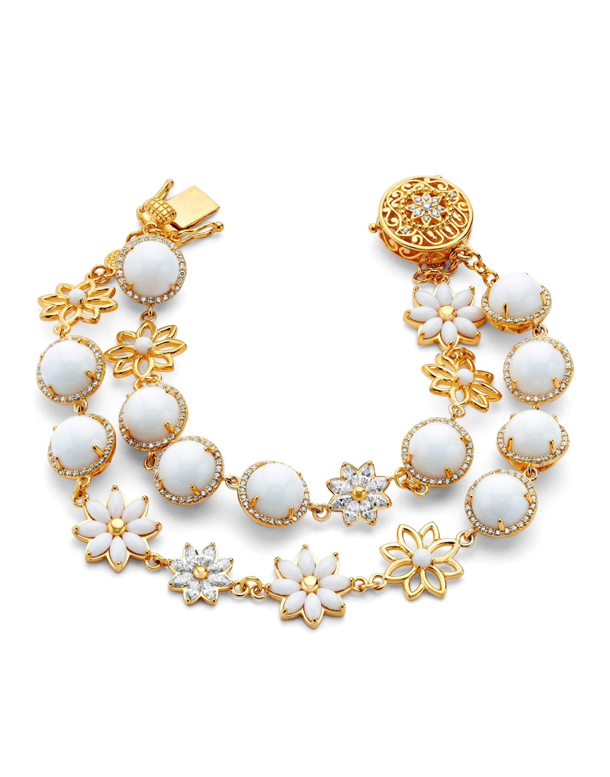 BUDDHA MAMA-White Agate Bead Flower Bracelet-YELLOW GOLD