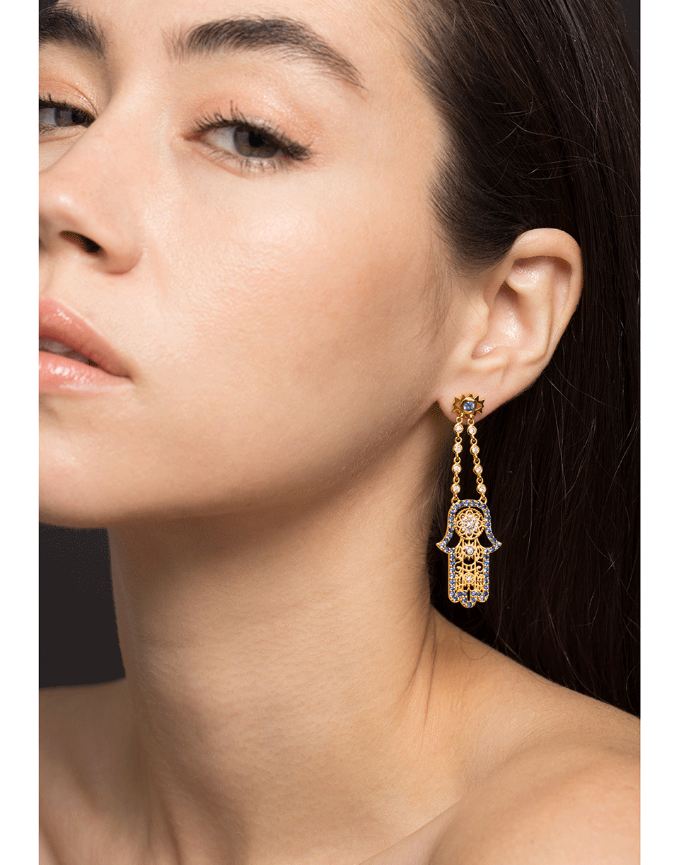 BUDDHA MAMA-Blue Sapphire and Diamond Hamsa Drop Earrings-YELLOW GOLD