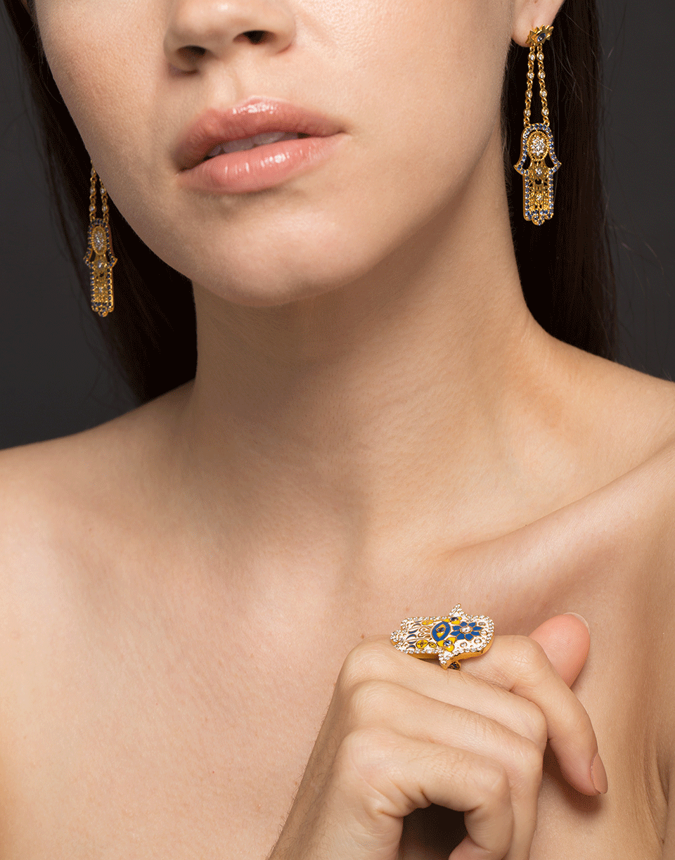 BUDDHA MAMA-Blue Sapphire and Diamond Hamsa Drop Earrings-YELLOW GOLD