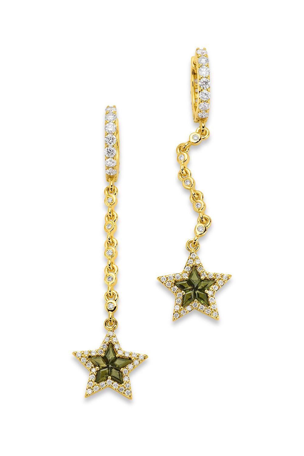 Diamond Green Tourmaline Star Drop Earrings-YELLOW GOLD-JEWELRYFINE JEWELEARRING-BUDDHA MAMA