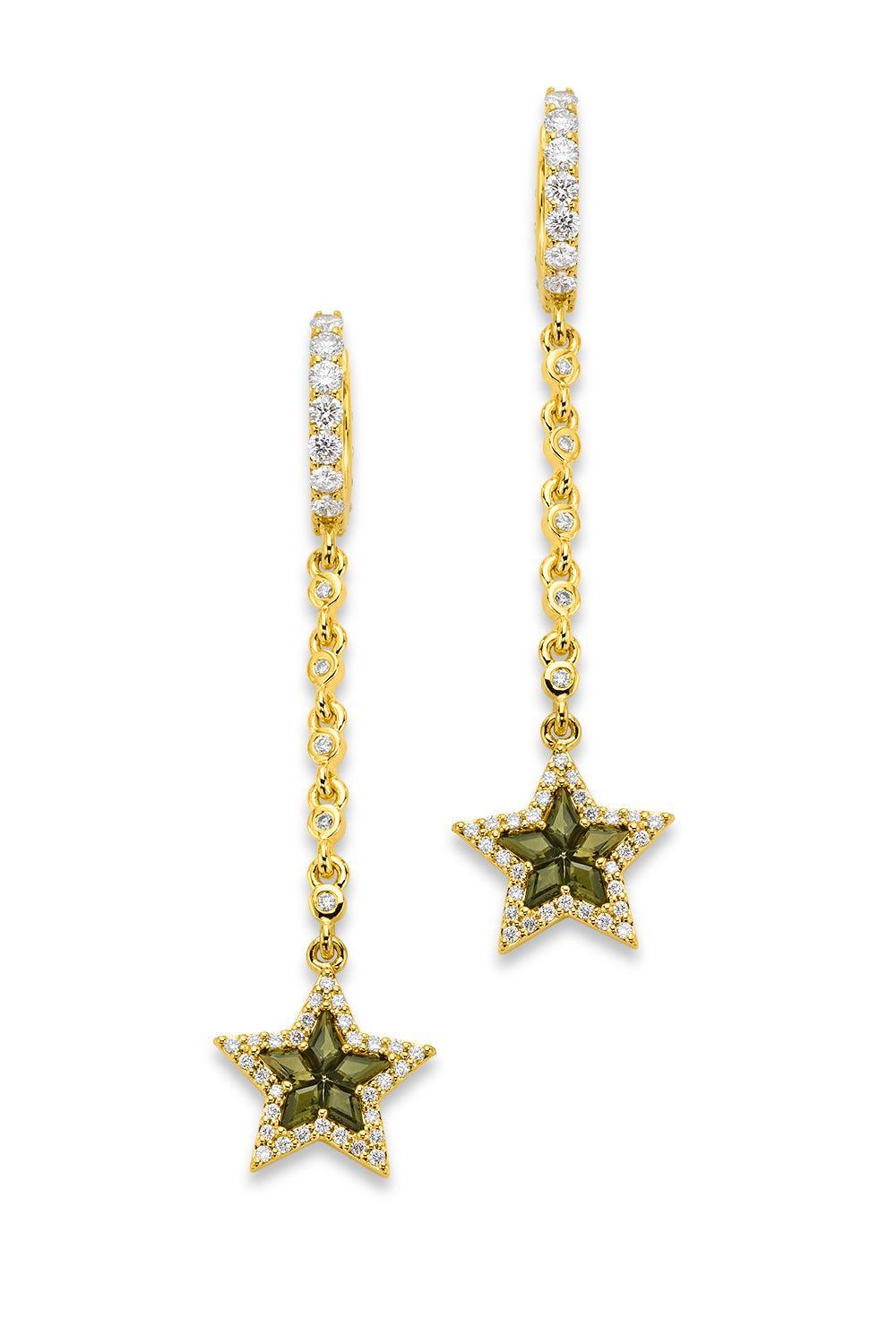 Diamond Green Tourmaline Star Drop Earrings-YELLOW GOLD-JEWELRYFINE JEWELEARRING-BUDDHA MAMA