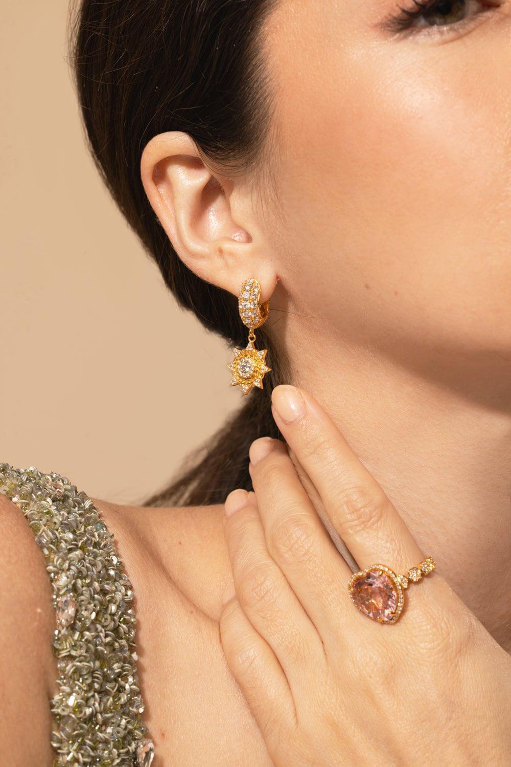 BUDDHA MAMA-Diamond Sun Drop Huggie Earrings-YELLOW GOLD