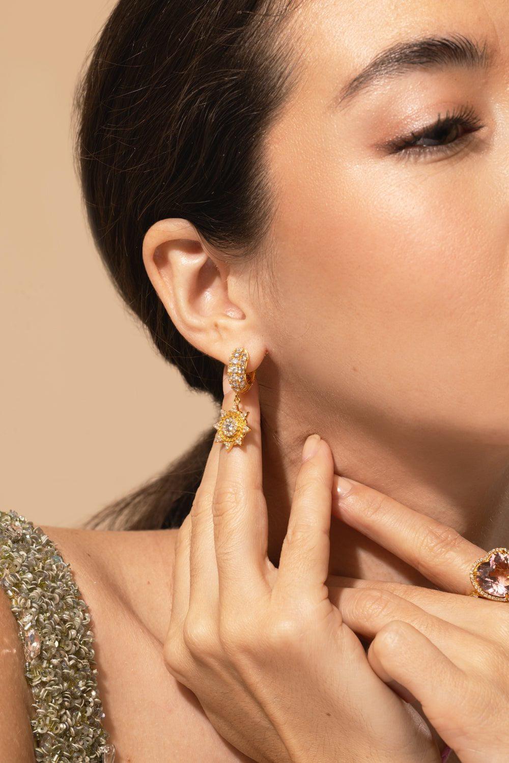 BUDDHA MAMA-Diamond Sun Drop Huggie Earrings-YELLOW GOLD