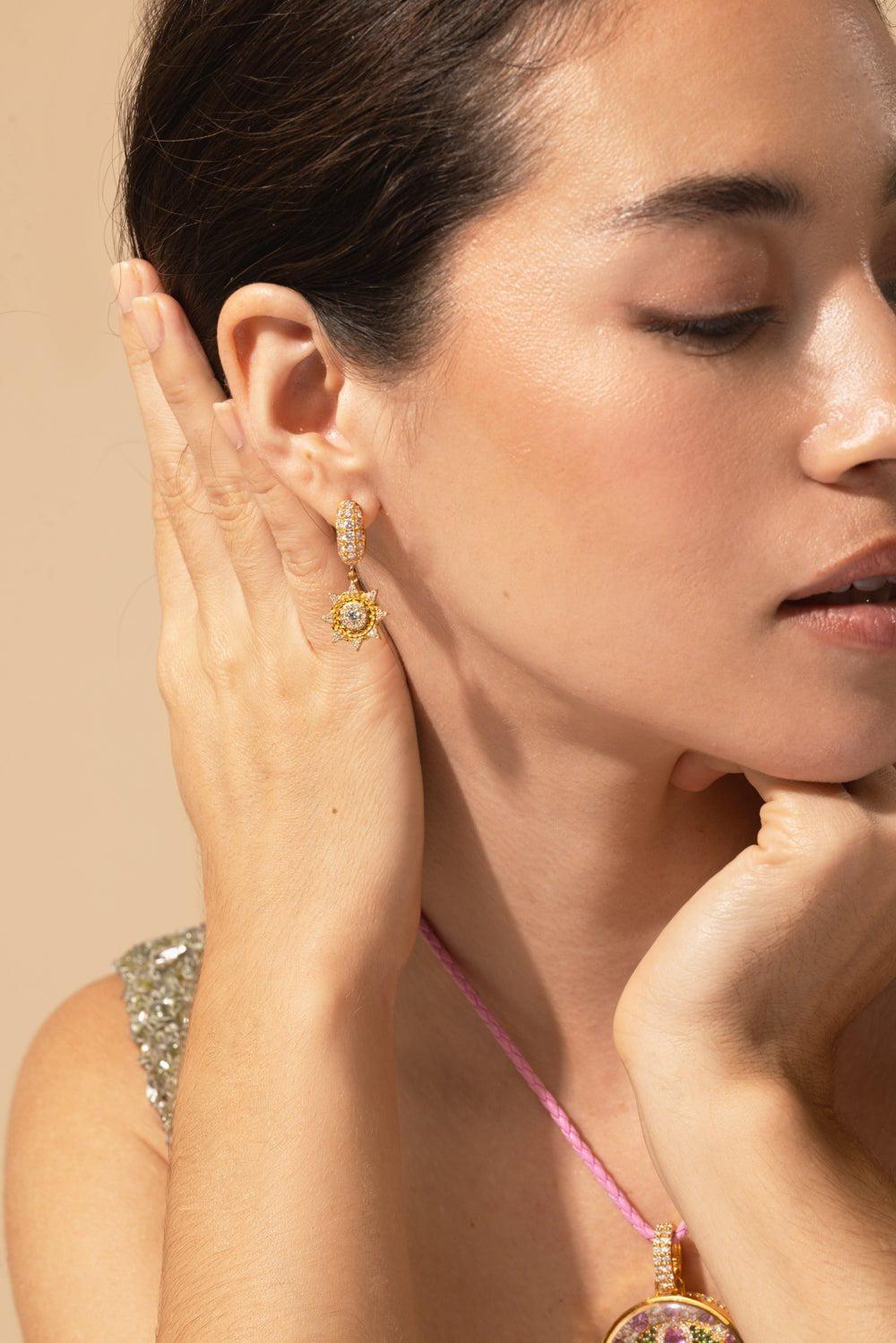 BUDDHA MAMA-Diamond Sun Drop Huggie Earrings-YELLOW GOLD