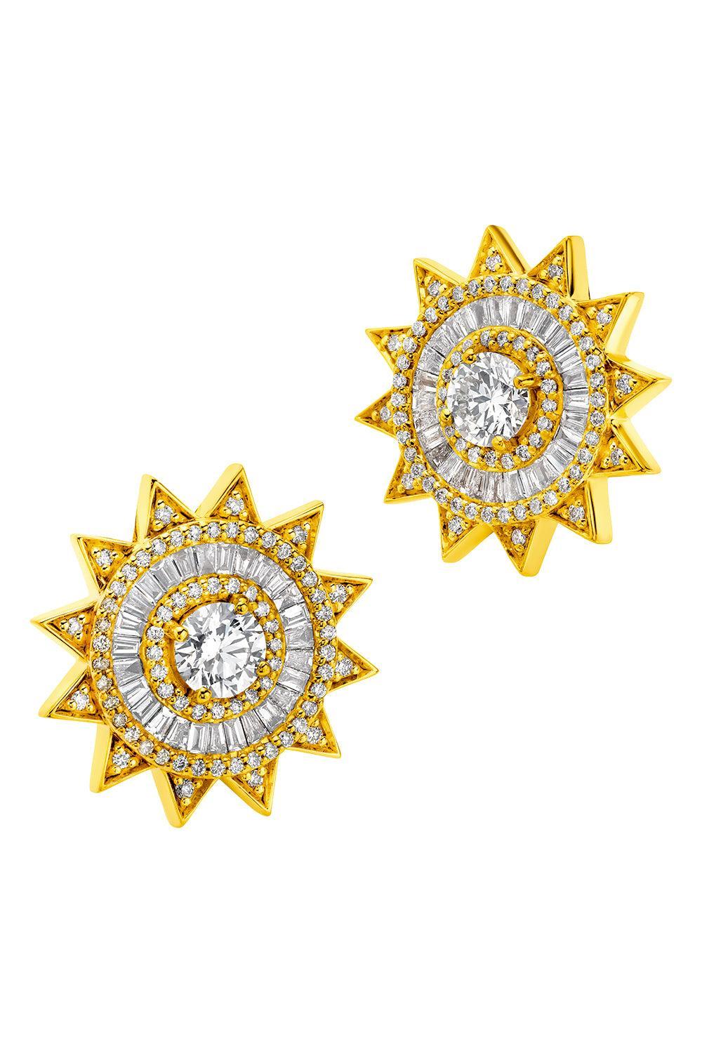 Diamond Sun Omega Earrings-YELLOW GOLD-JEWELRYFINE JEWELEARRING-BUDDHA MAMA