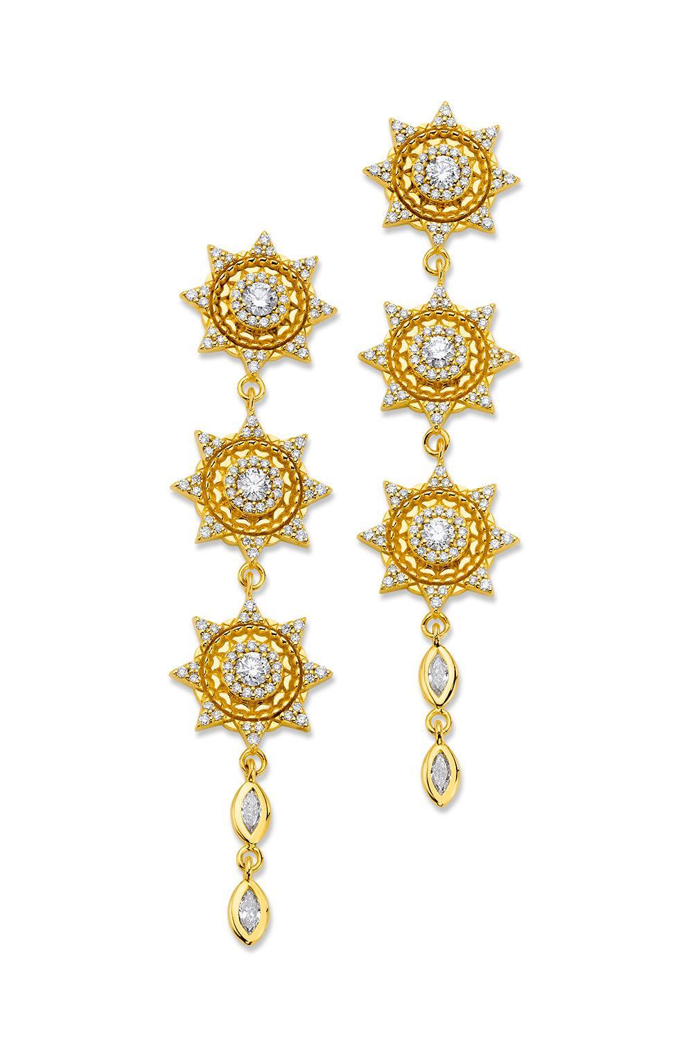 Diamond Triple Sun Drop Earrings-YELLOW GOLD-JEWELRYFINE JEWELEARRING-BUDDHA MAMA