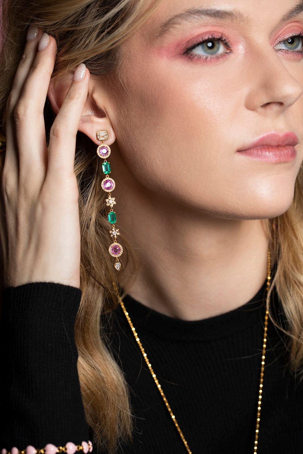 BUDDHA MAMA-Emerald and Pink Sapphire Drop Earrings-YELLOW GOLD