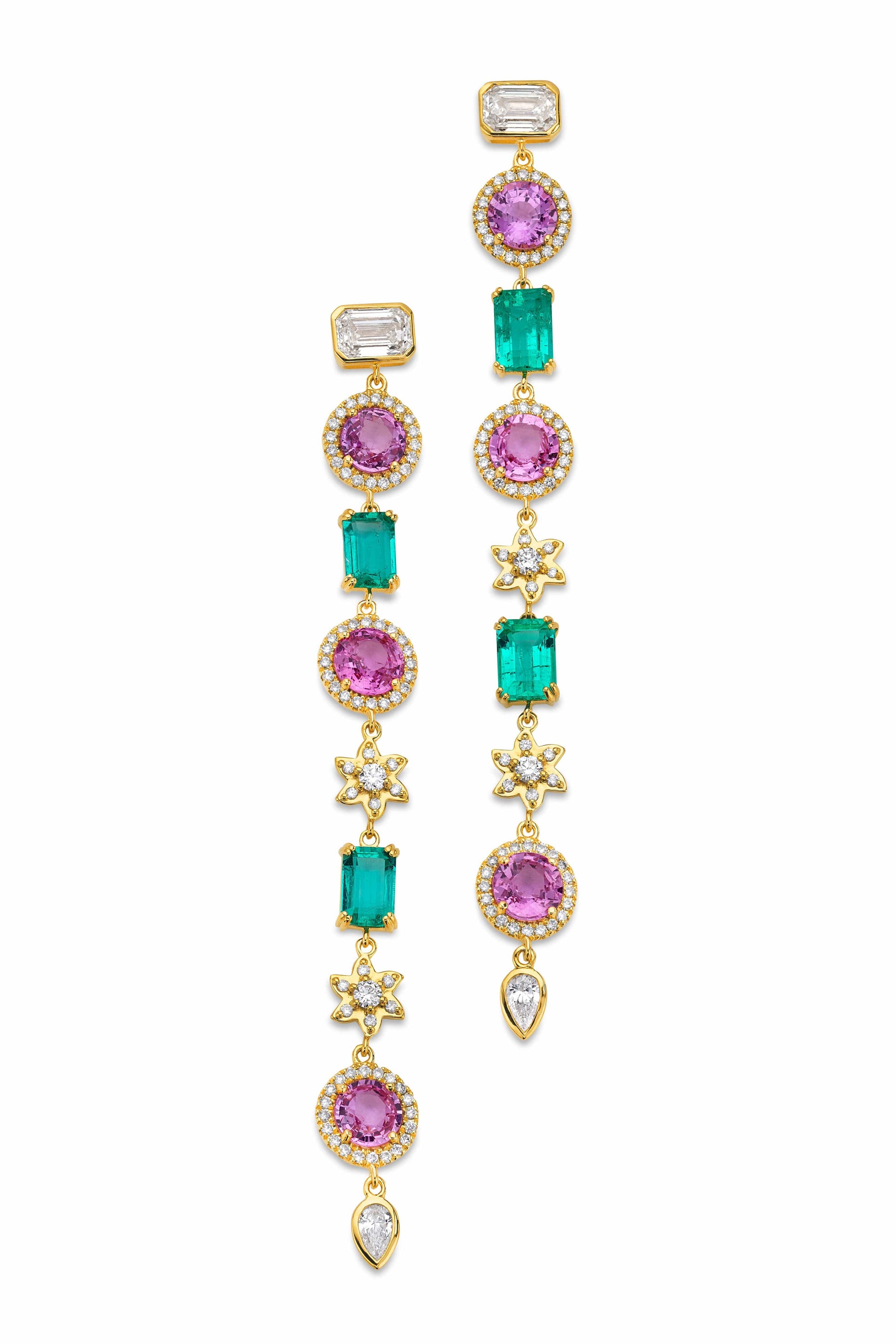 BUDDHA MAMA-Emerald and Pink Sapphire Drop Earrings-YELLOW GOLD