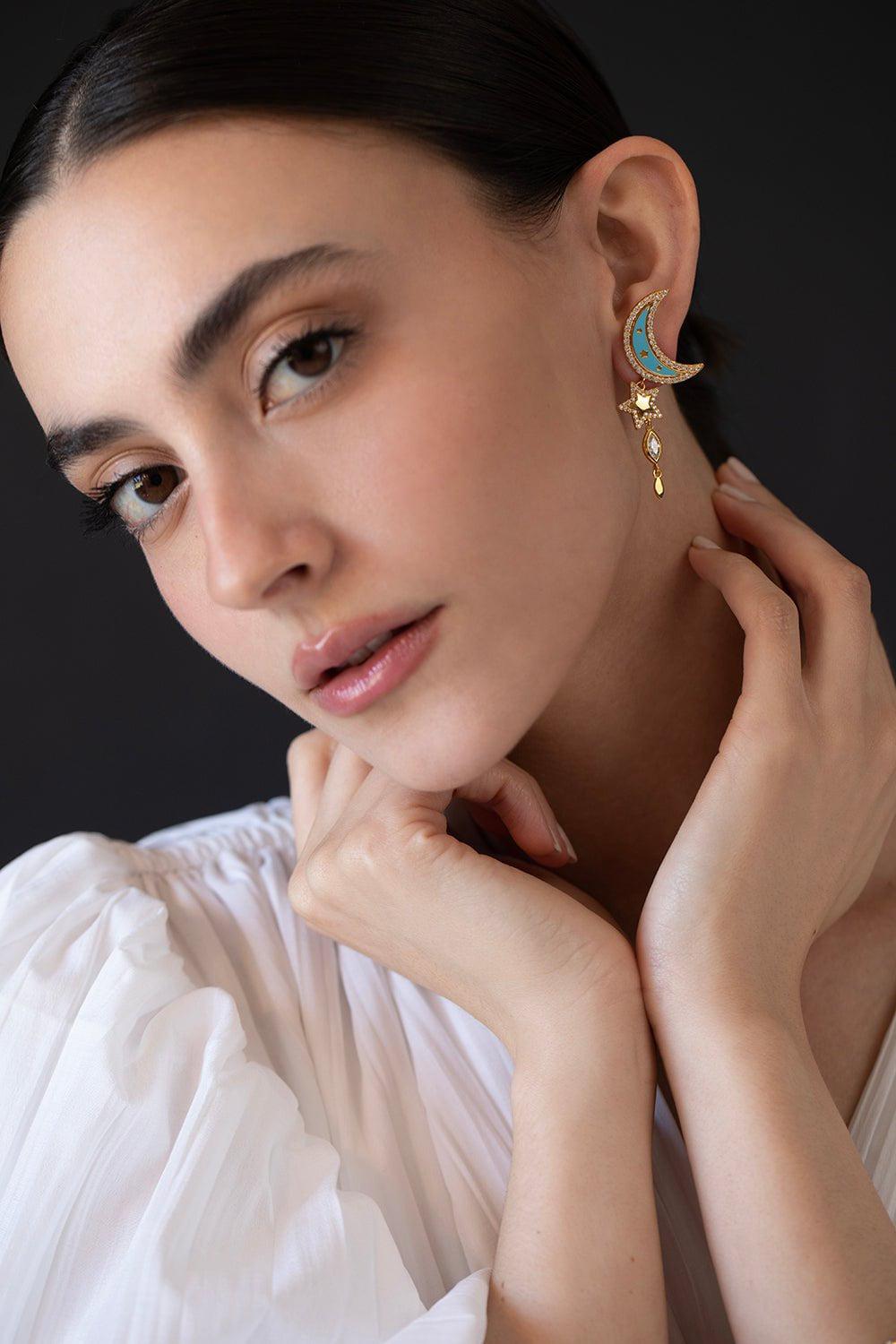 BUDDHA MAMA-Enamel Moon Drop Earrings-YELLOW GOLD