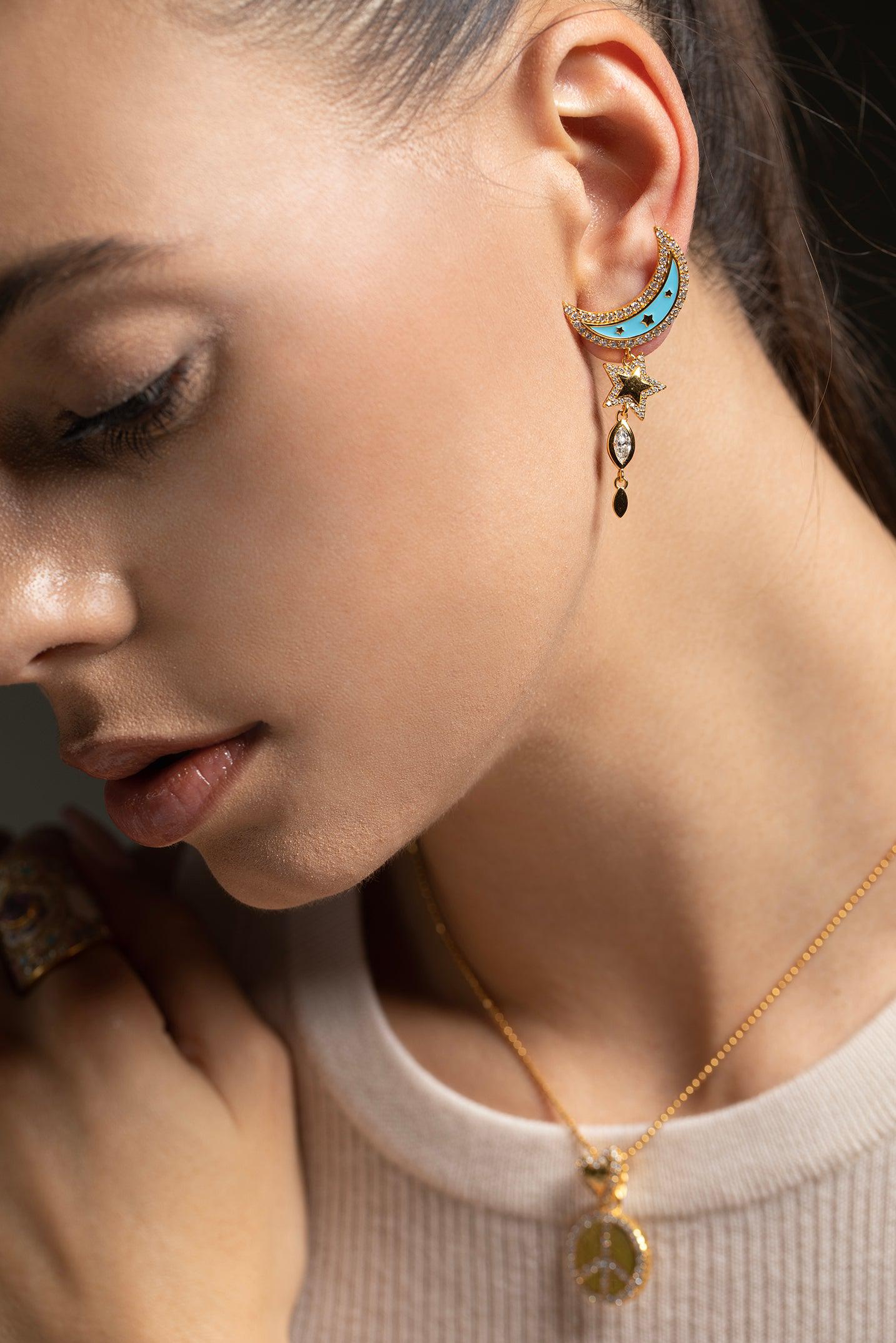 BUDDHA MAMA-Enamel Moon Drop Earrings-YELLOW GOLD