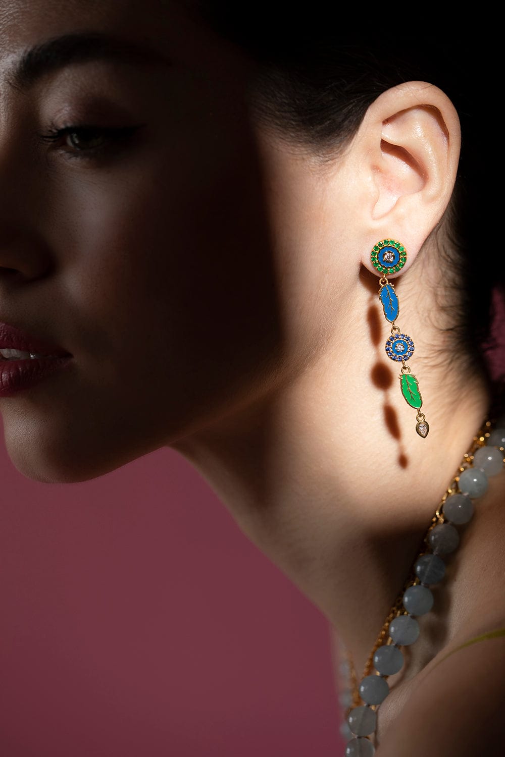 BUDDHA MAMA-Green and Blue Enamel Feather Earrings-YELLOW GOLD