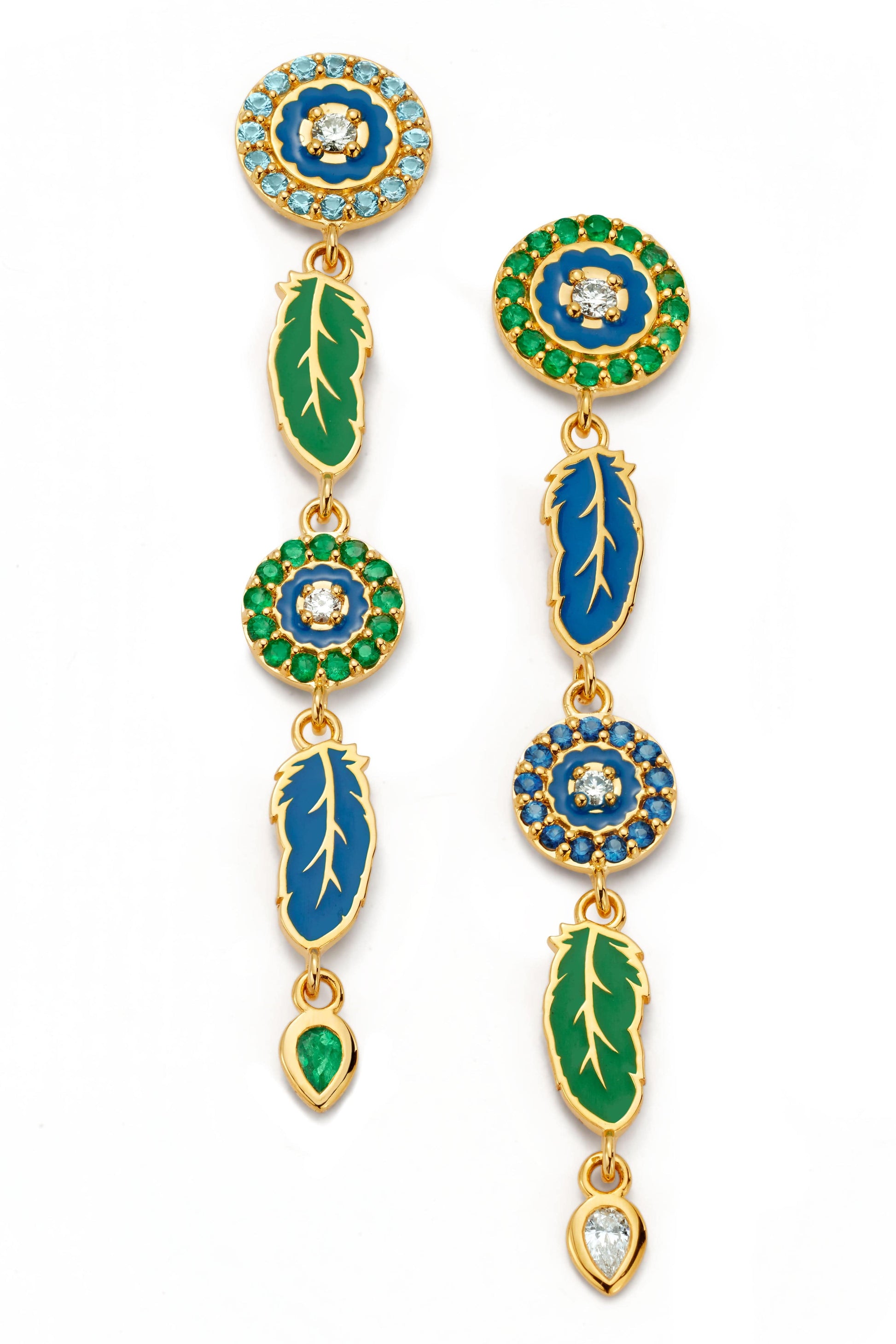 BUDDHA MAMA-Green and Blue Enamel Feather Earrings-YELLOW GOLD