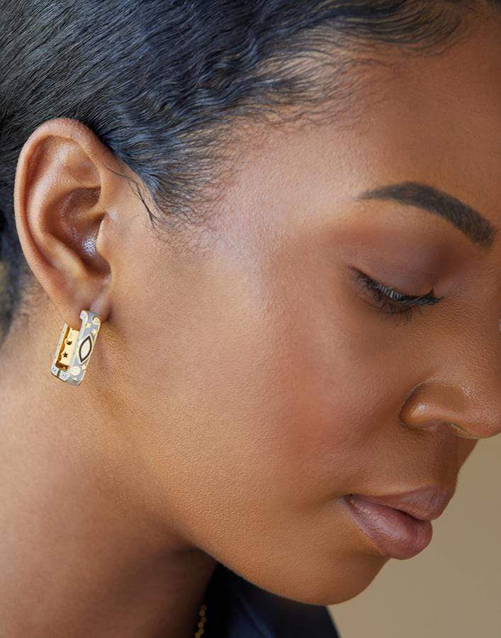 BUDDHA MAMA-Grey Enamel Square Hoops-YELLOW GOLD