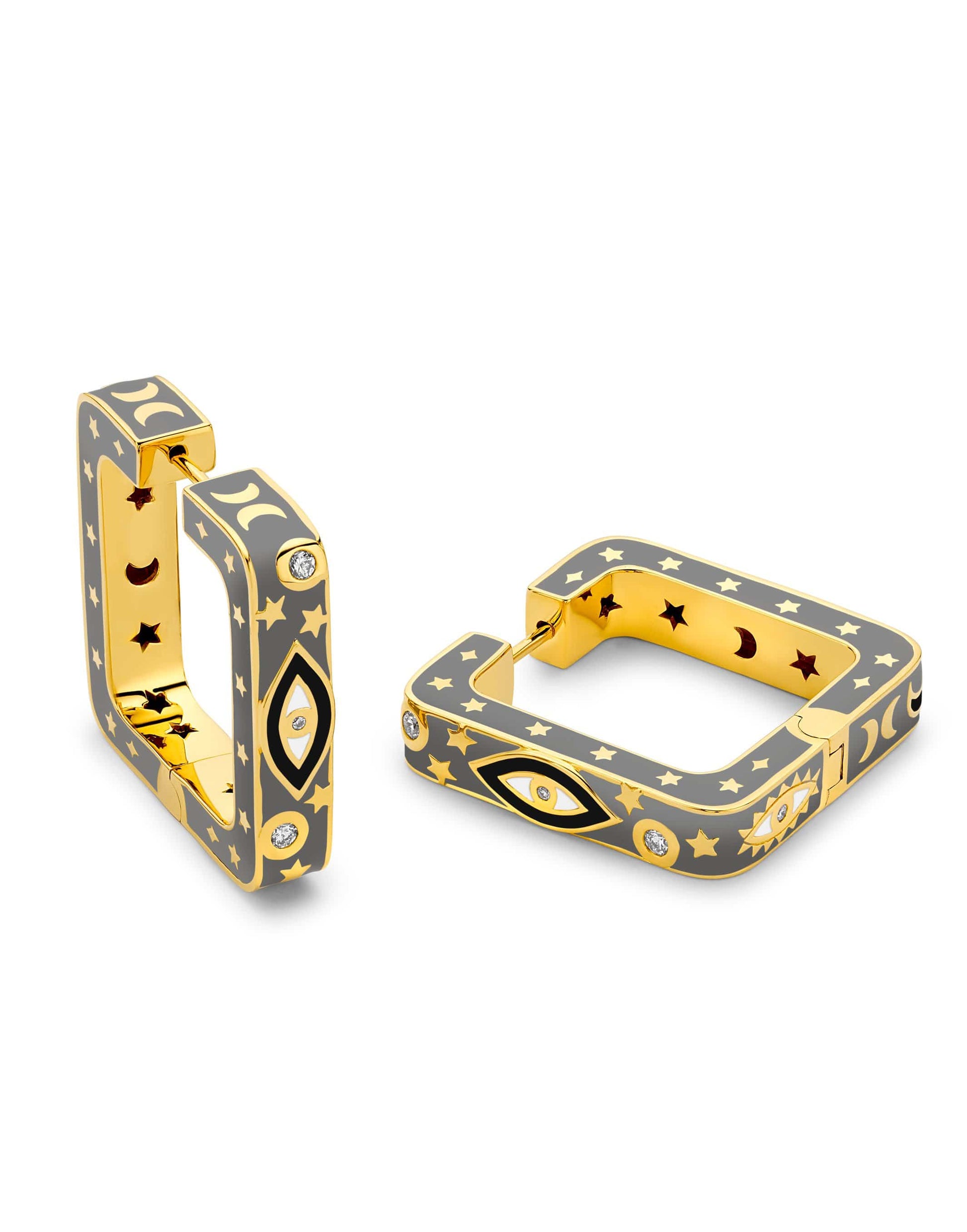 BUDDHA MAMA-Grey Enamel Square Hoops-YELLOW GOLD