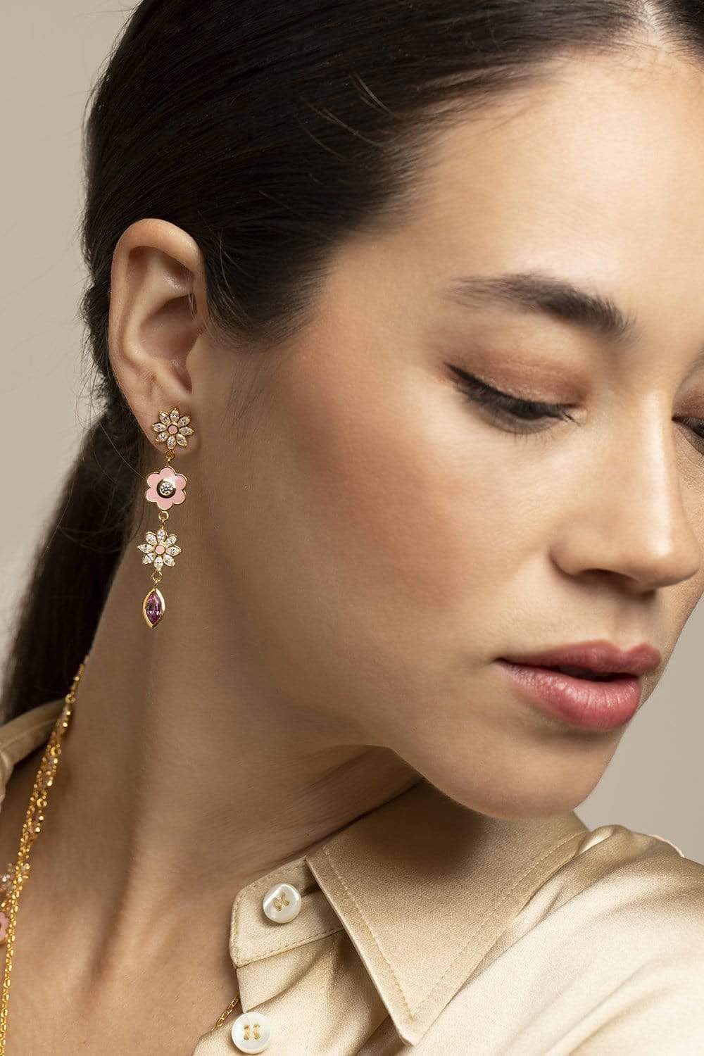 BUDDHA MAMA-Pink Enamel Flower Drop Earrings-YELLOW GOLD