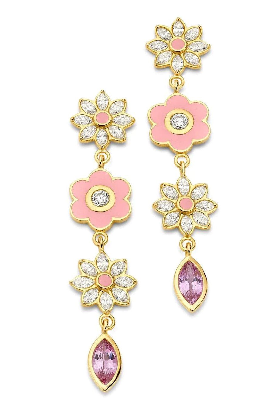 BUDDHA MAMA-Pink Enamel Flower Drop Earrings-YELLOW GOLD