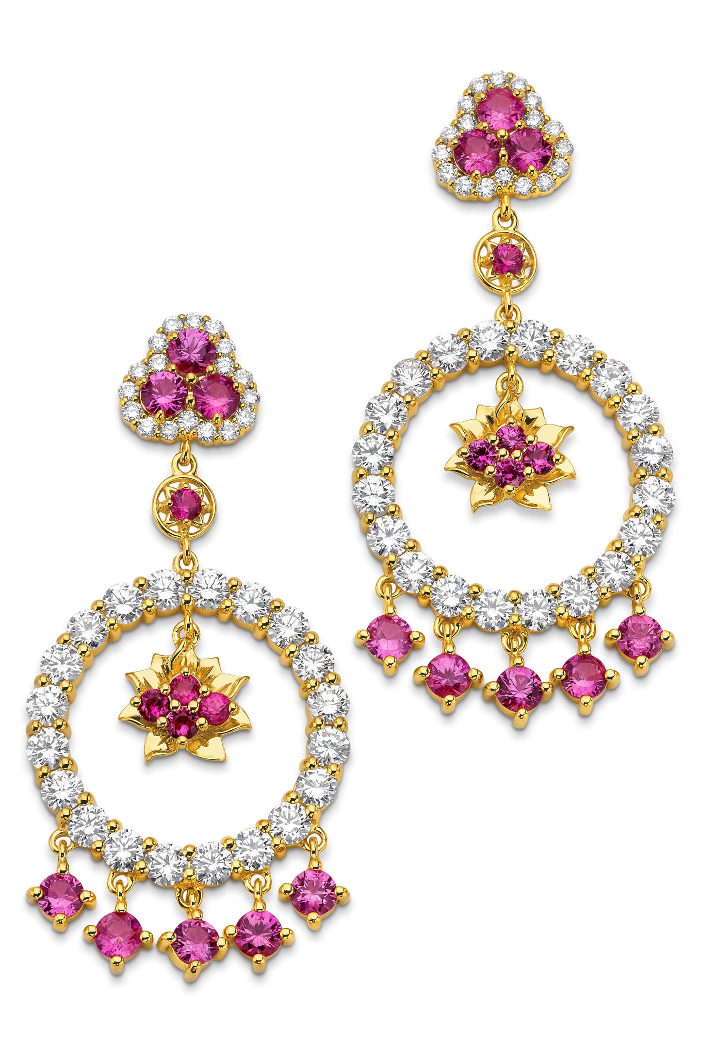 BUDDHA MAMA-Pink Sapphire Lotus Tassel Earrings-YELLOW GOLD