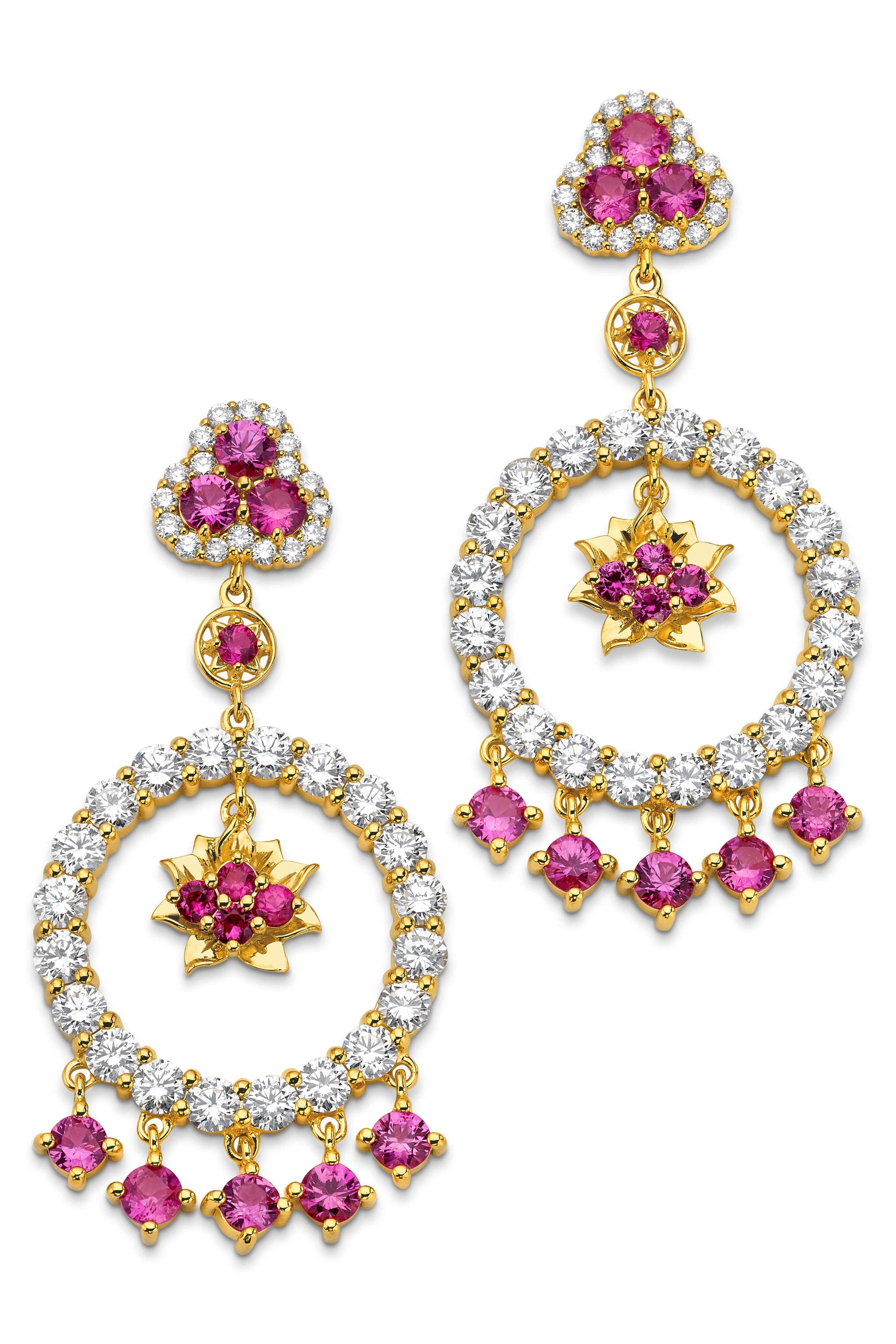 BUDDHA MAMA-Pink Sapphire Lotus Tassel Earrings-YELLOW GOLD