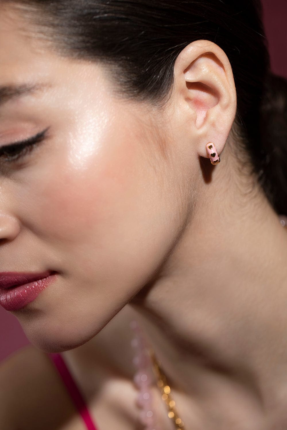 BUDDHA MAMA-Pink Scalloped Heart Huggie Earrings-YELLOW GOLD