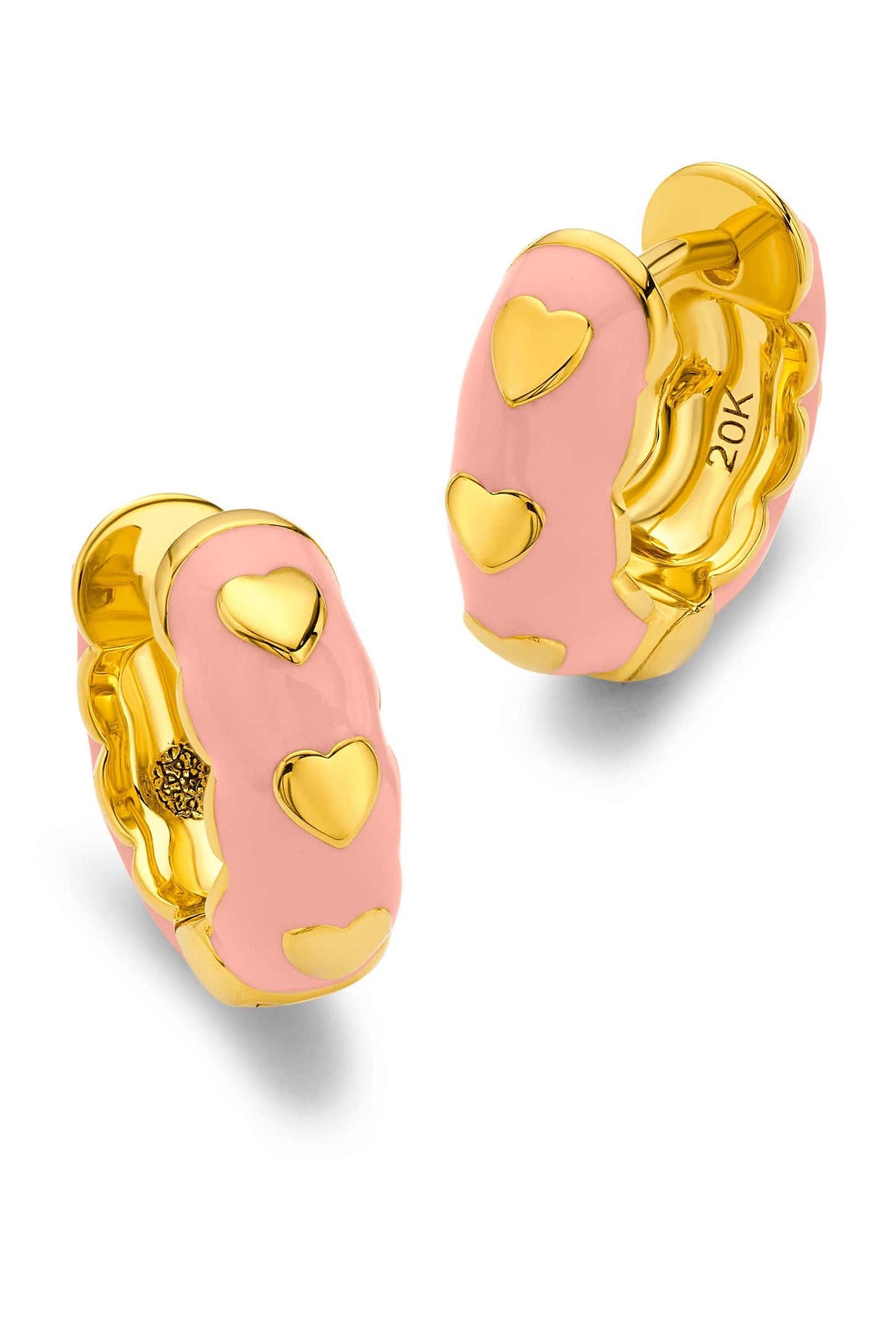 BUDDHA MAMA-Pink Scalloped Heart Huggie Earrings-YELLOW GOLD