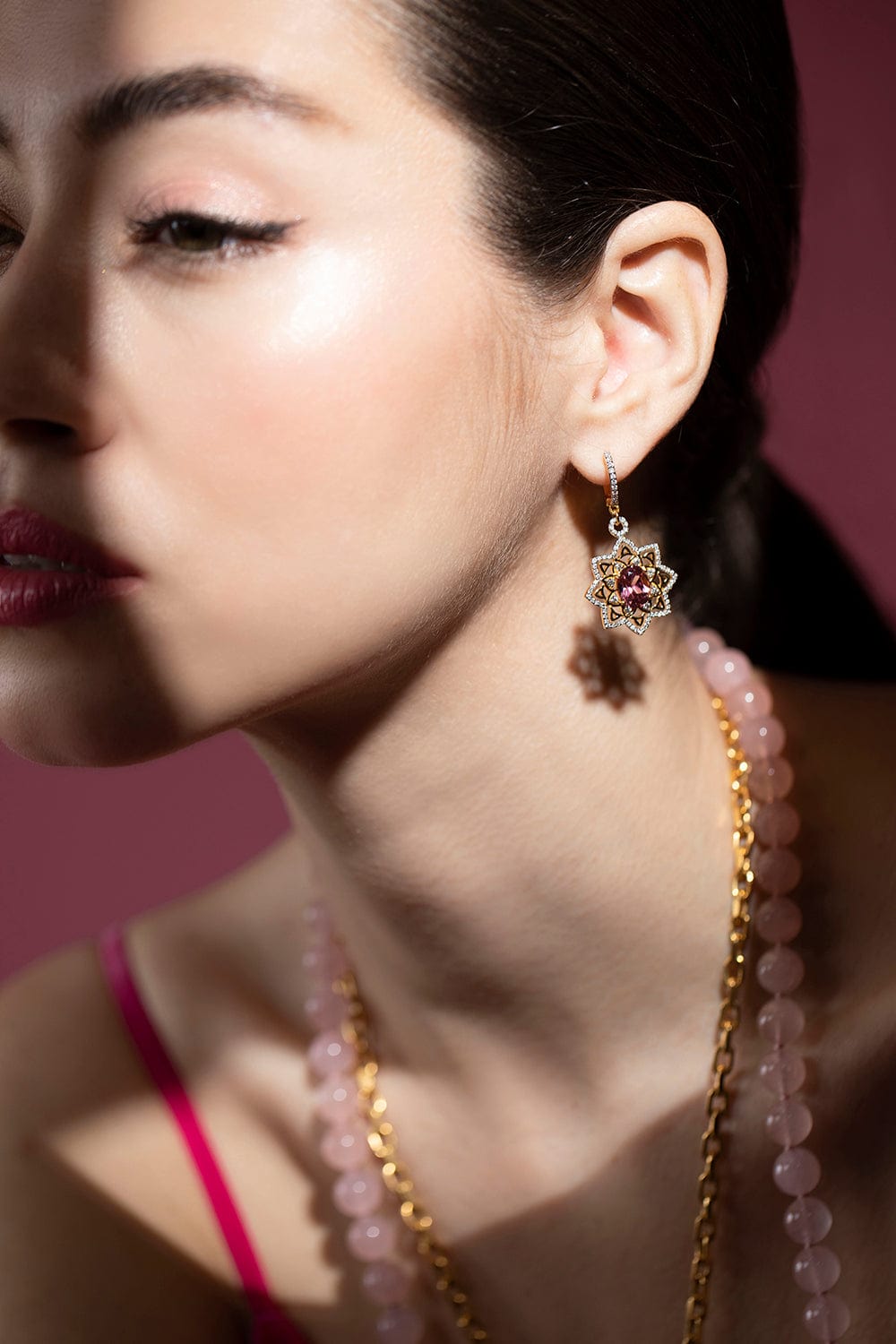BUDDHA MAMA-Pink Tourmaline Star Mandala Earrings-YELLOW GOLD