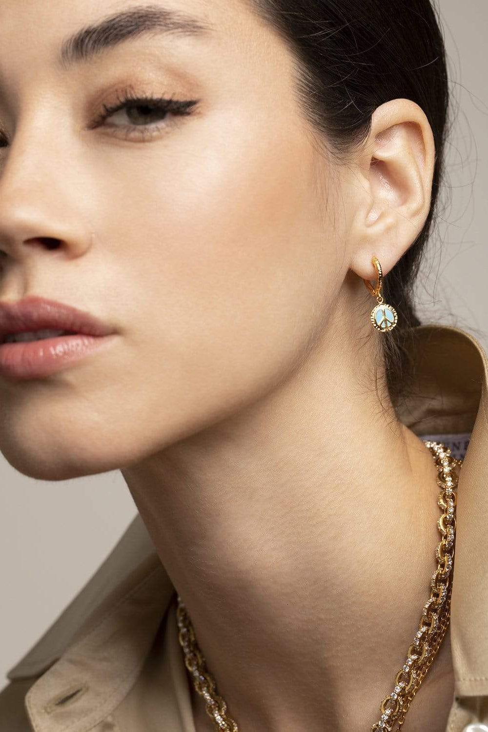 BUDDHA MAMA-Sky Blue Peace and Love Huggie Earrings-YELLOW GOLD