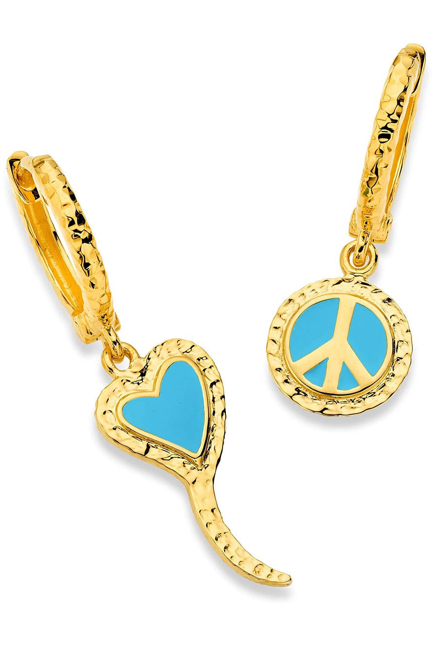 BUDDHA MAMA-Sky Blue Peace and Love Huggie Earrings-YELLOW GOLD