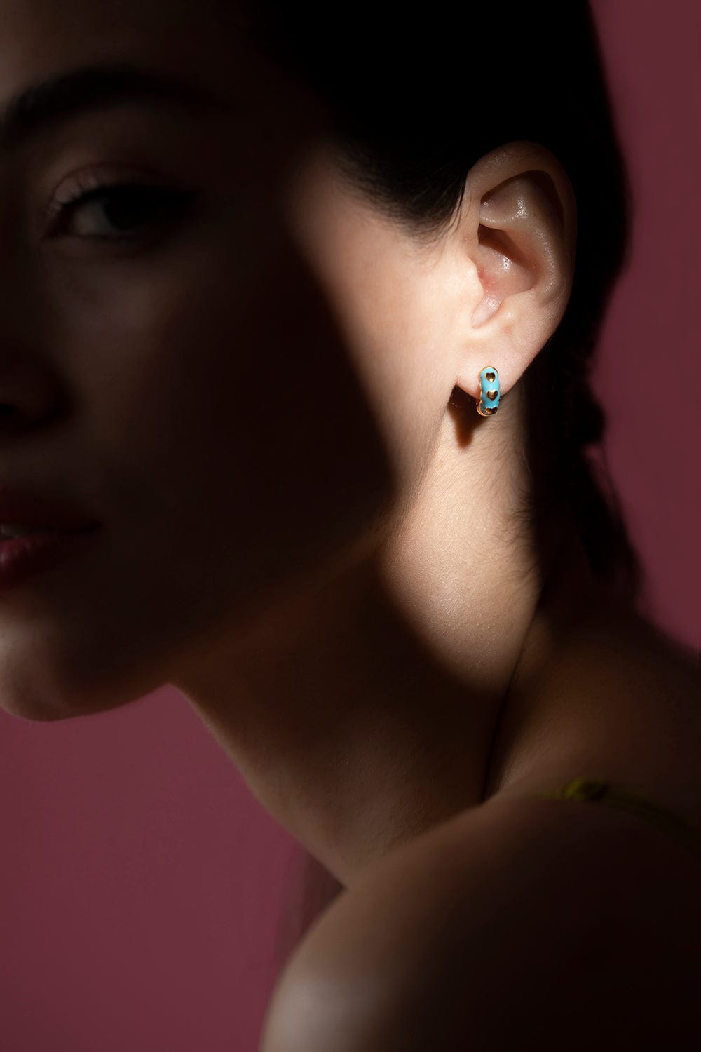 BUDDHA MAMA-Sky Blue Scalloped Heart Huggie Earrings-YELLOW GOLD